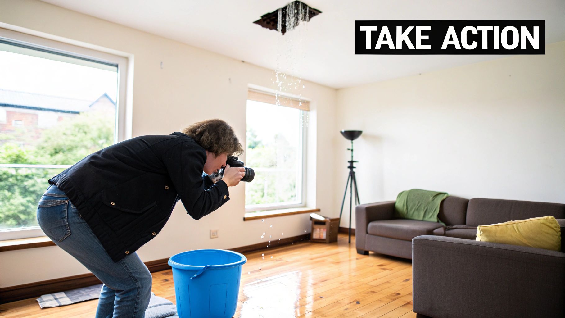A damaged roof with a blue tarp partially covering it, illustrating an emergency repair situation.