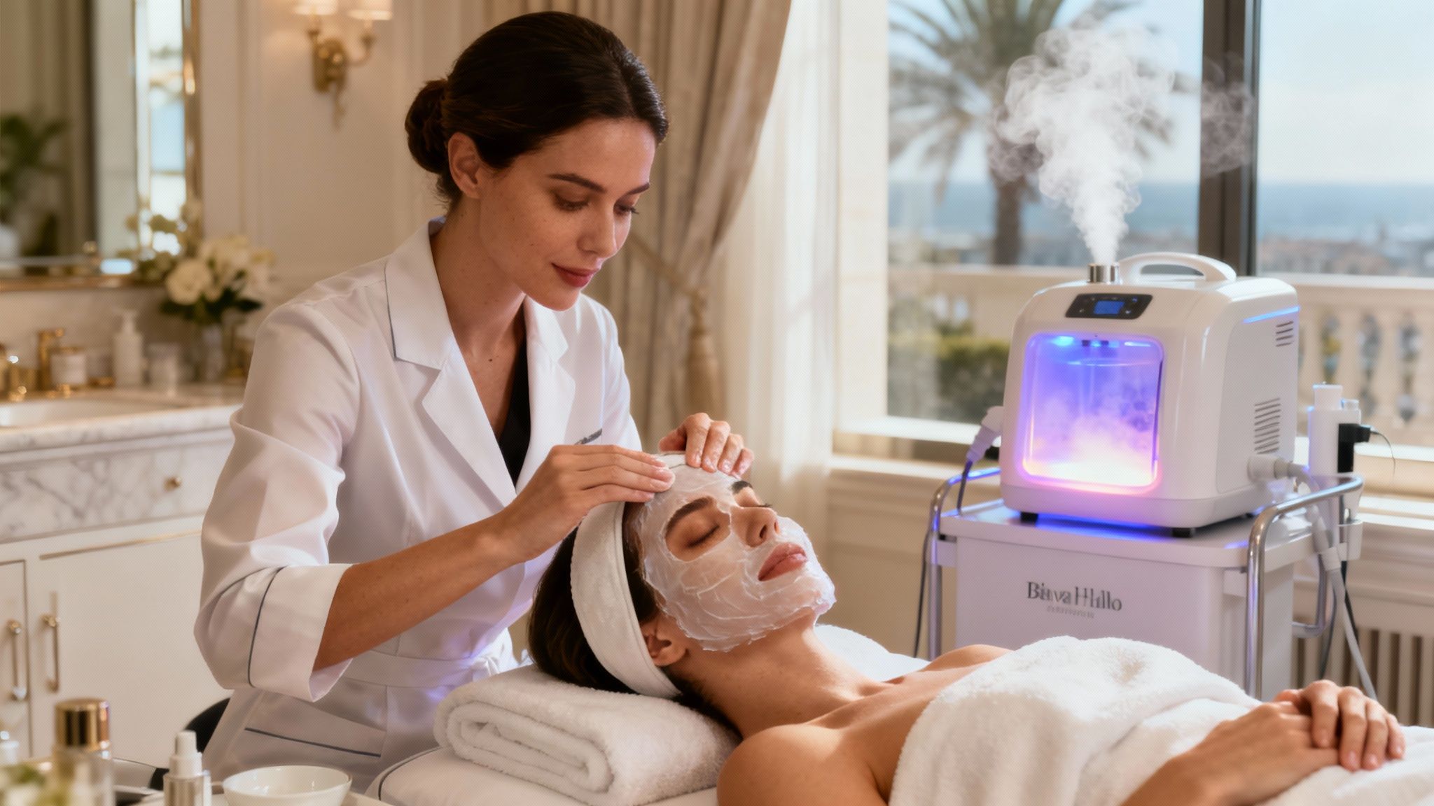 Aesthetician applying a facial mask to a client in a spa setting