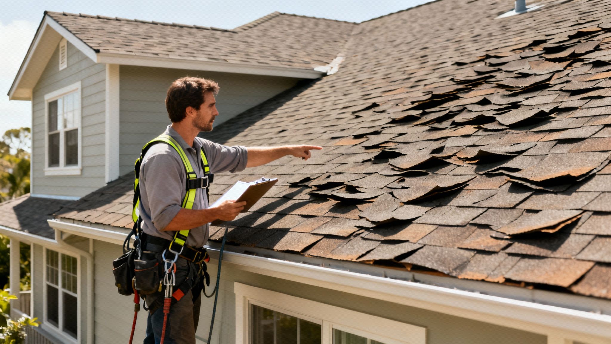 A professional roofer in safety gear inspects a damaged shingle roof, highlighting the need for expert assessment.