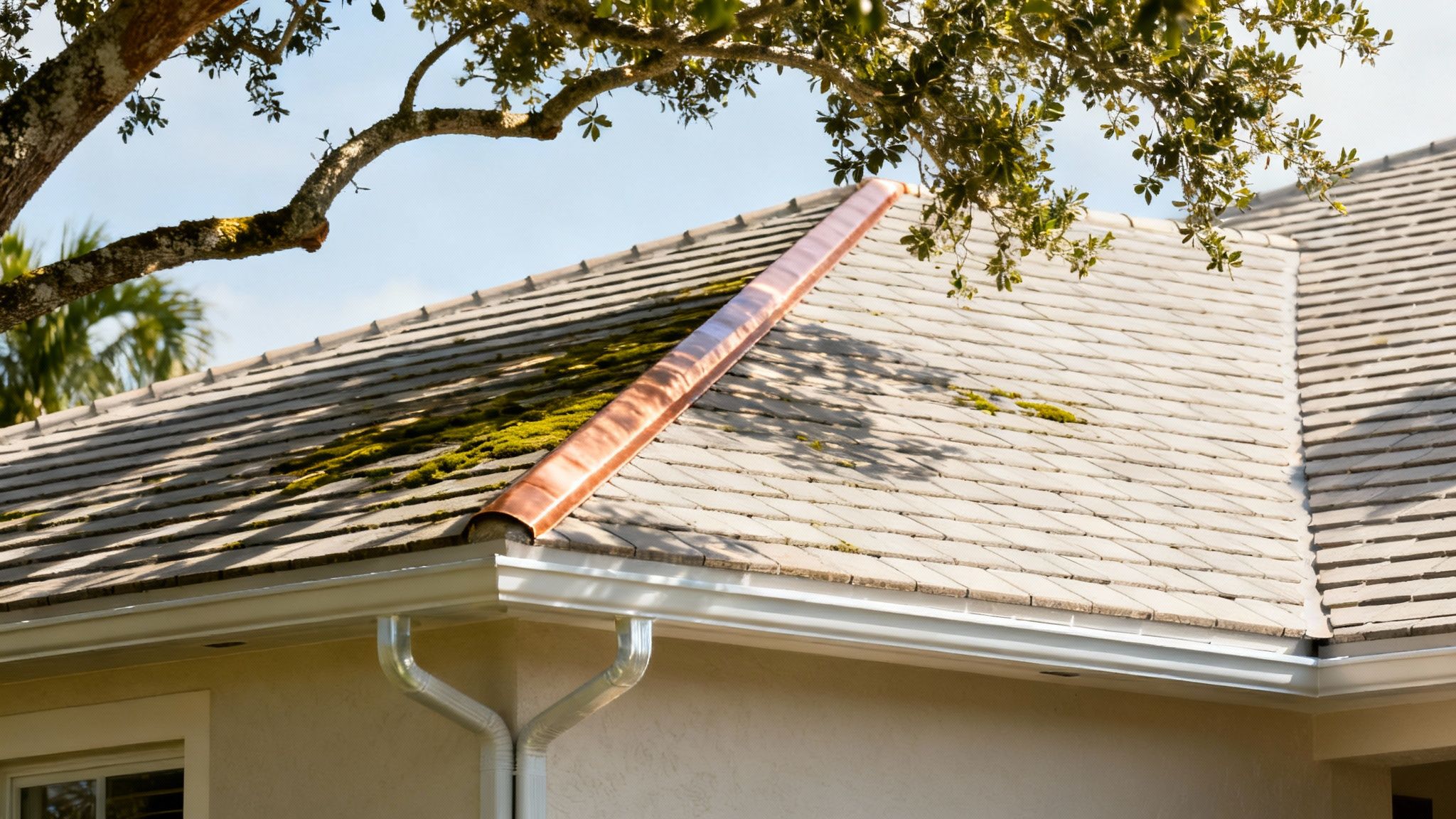A clean, well-maintained roof with copper strips installed along the ridge to prevent moss growth.