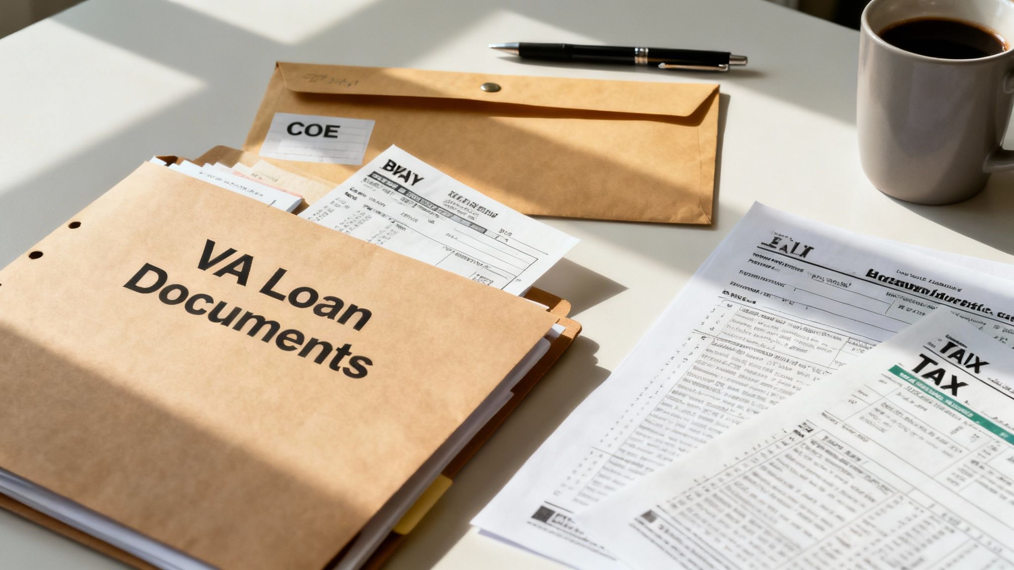 A person organizing financial documents on a desk, representing the VA loan application process.