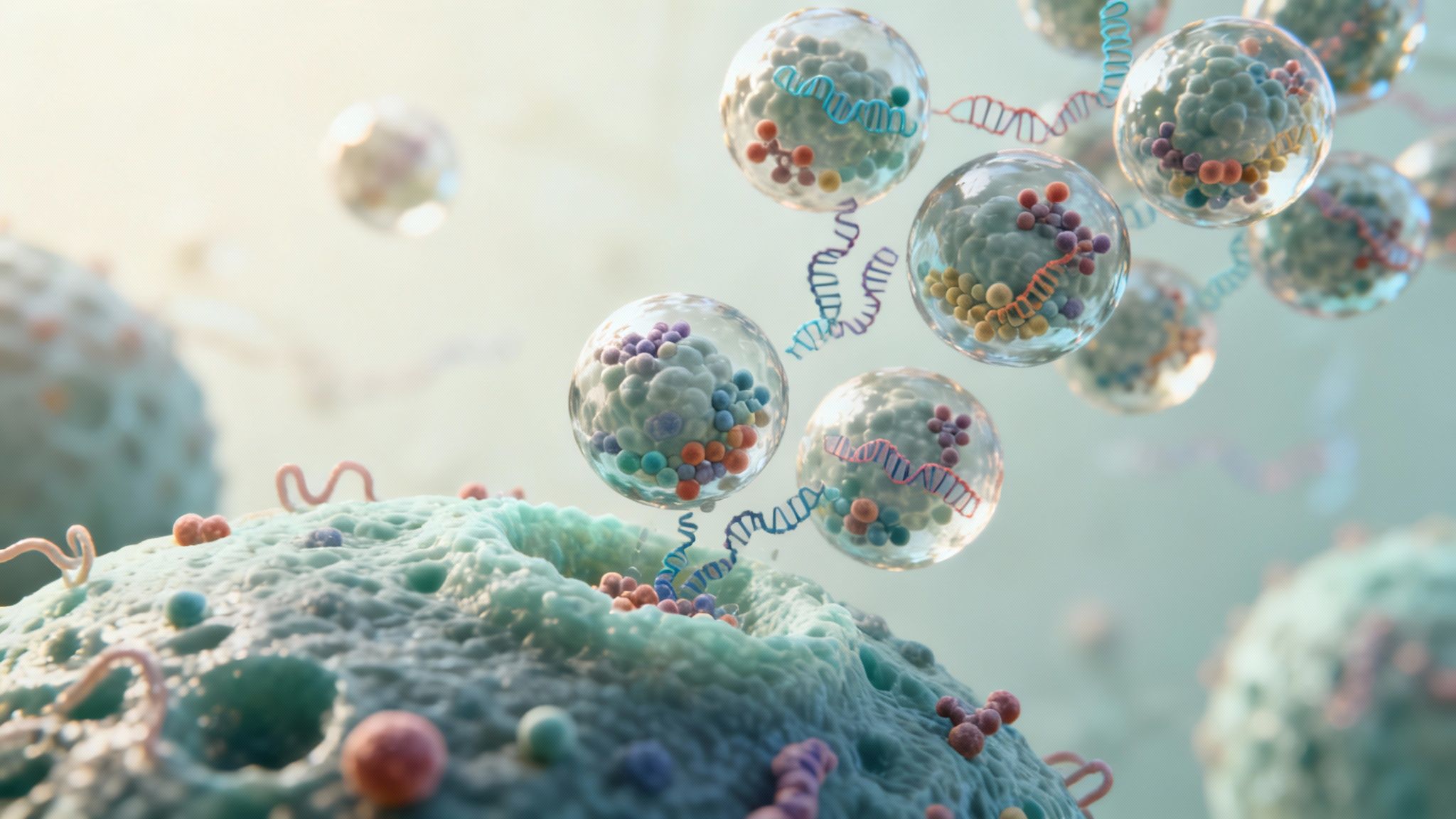 A detailed diagram showing the microscopic structure of an exosome, highlighting its lipid bilayer and internal cargo.