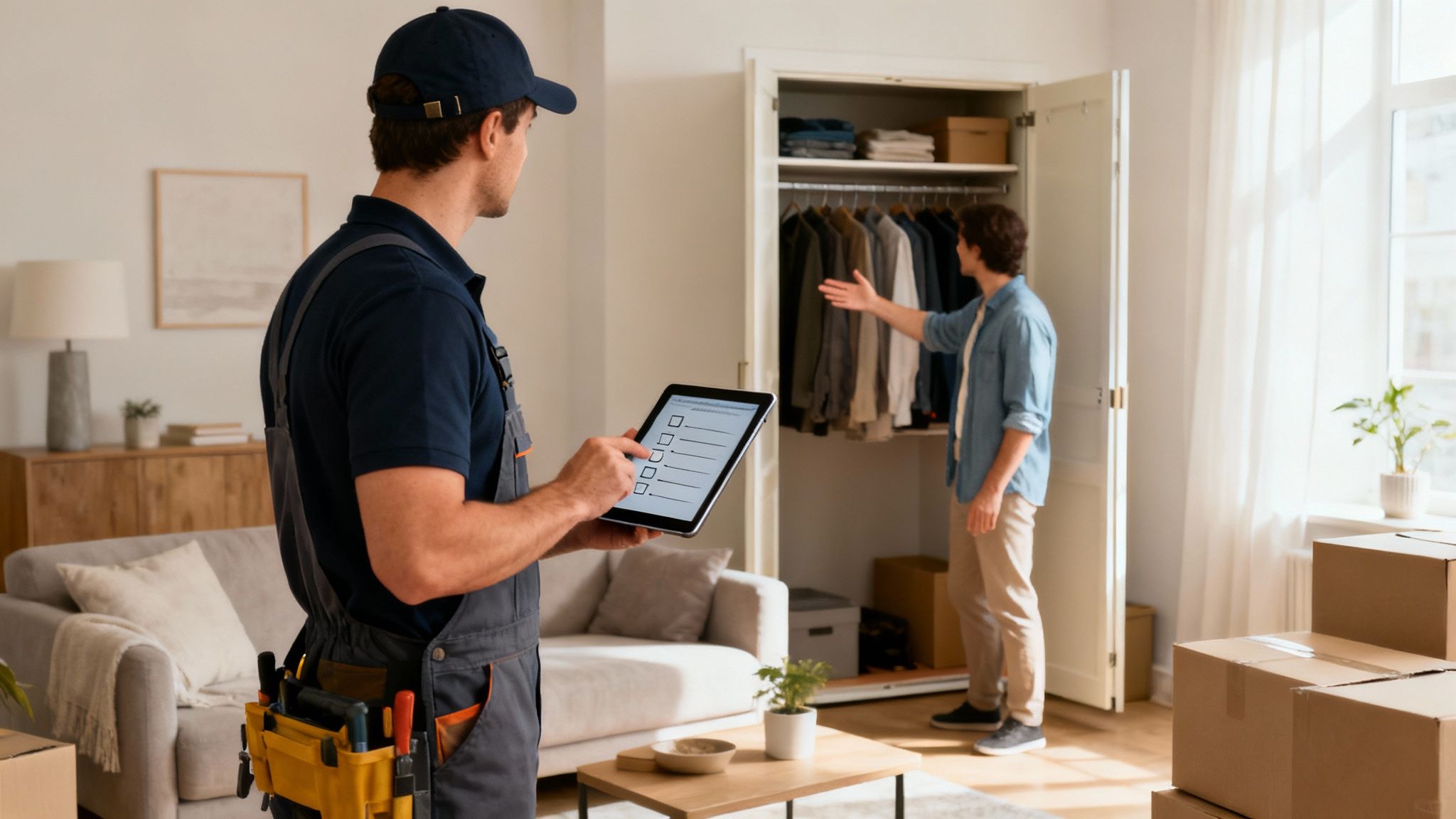 Professional mover with tablet conducting moving inventory assessment while customer organizes closet with packed boxes