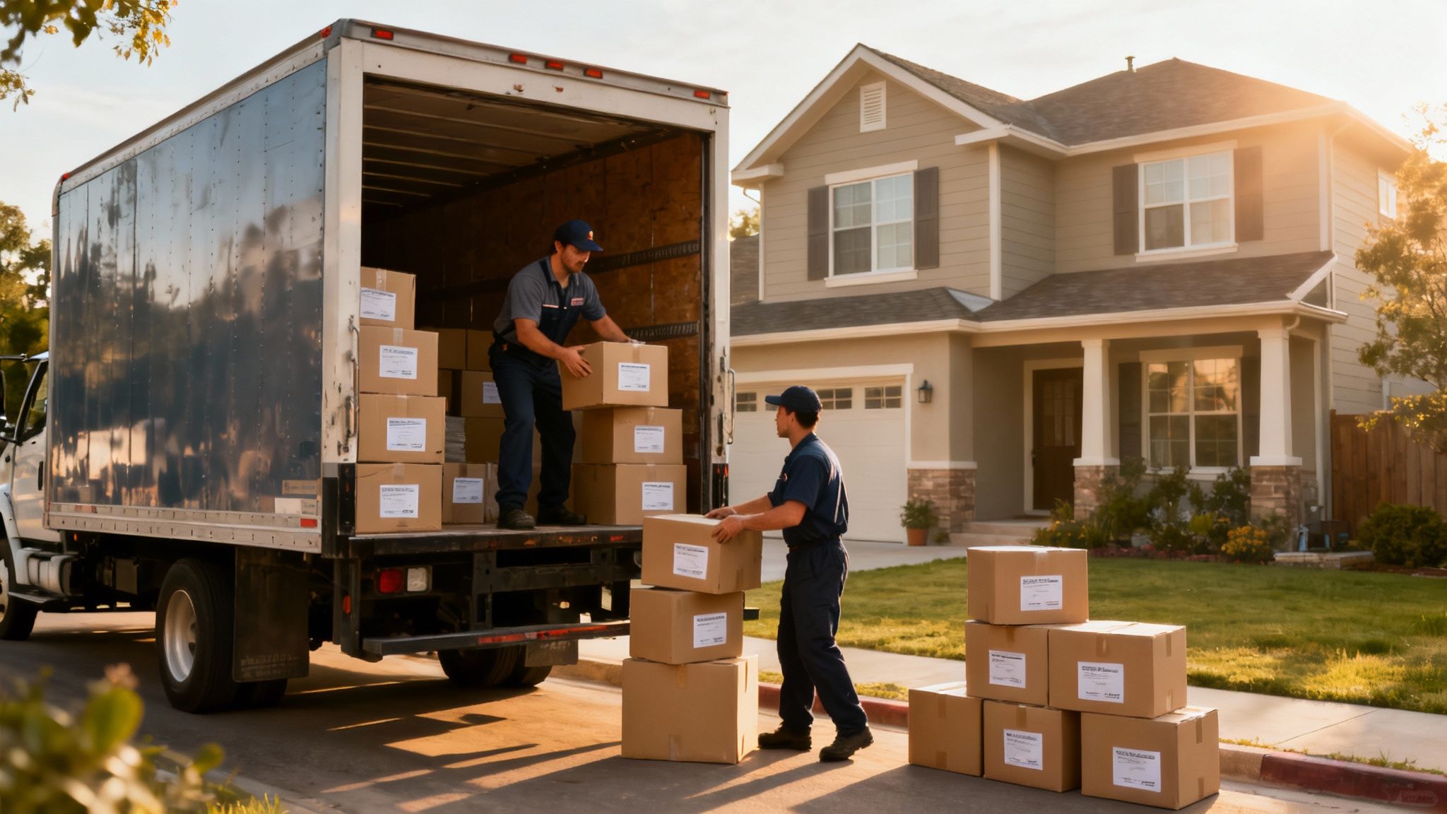 A professional mover from Direct Relocation Services carefully loads a box onto a moving truck.