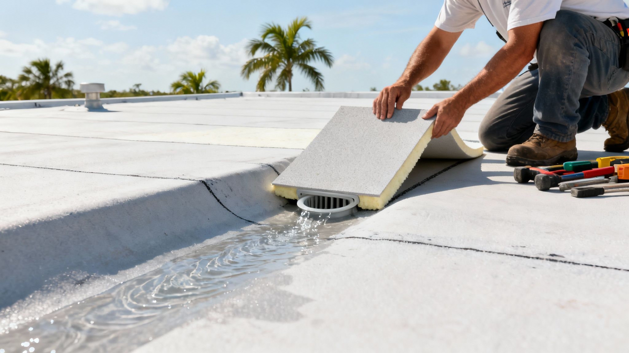 A flat roof with proper drainage and no standing water