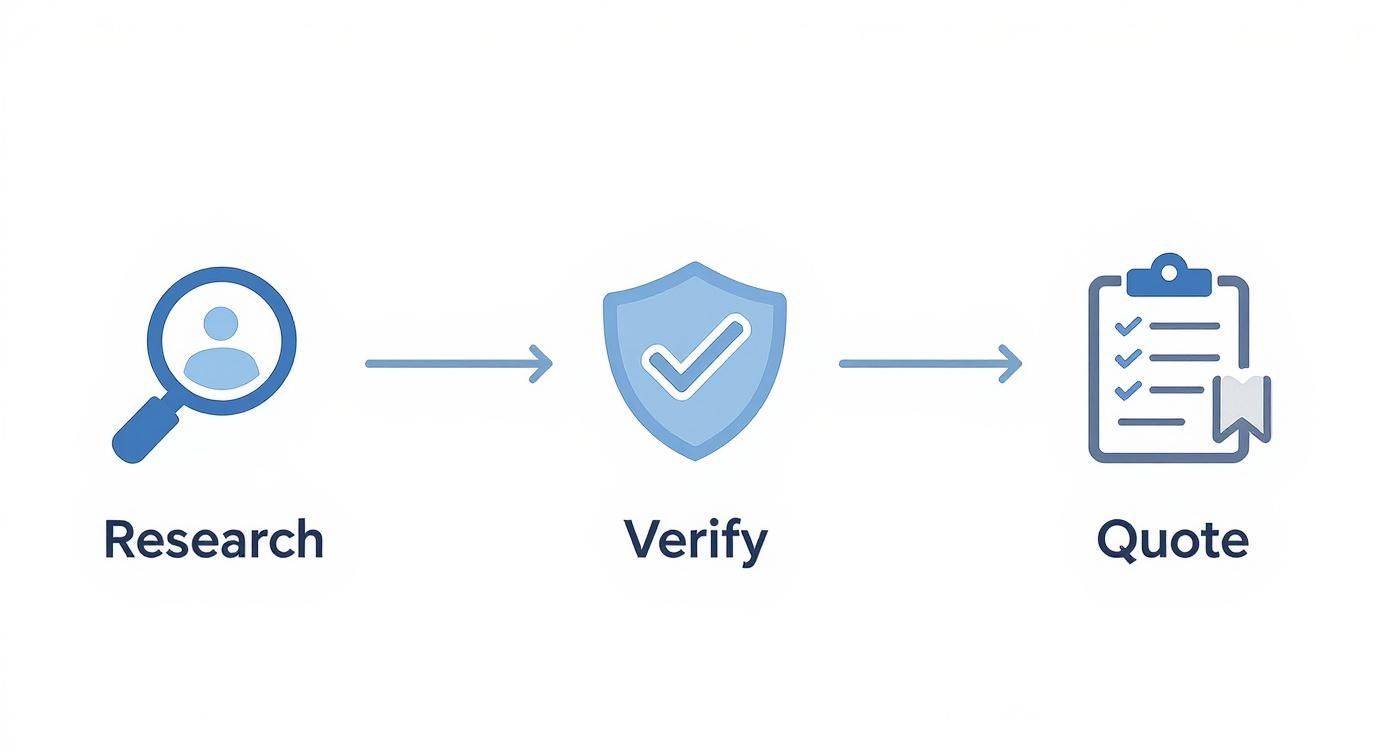 Infographic showing the process of vetting LA movers: Research, Verify, and Quote.
