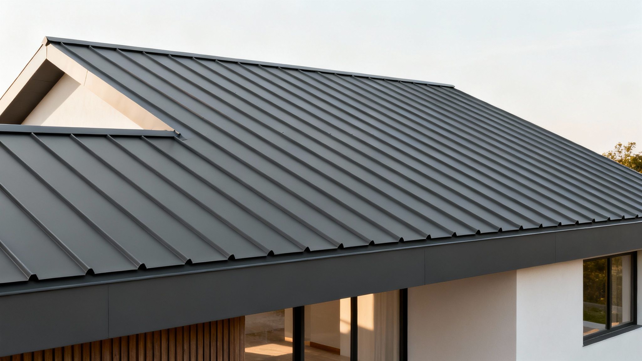 A modern home with a sleek, dark standing seam metal roof under a clear blue sky.