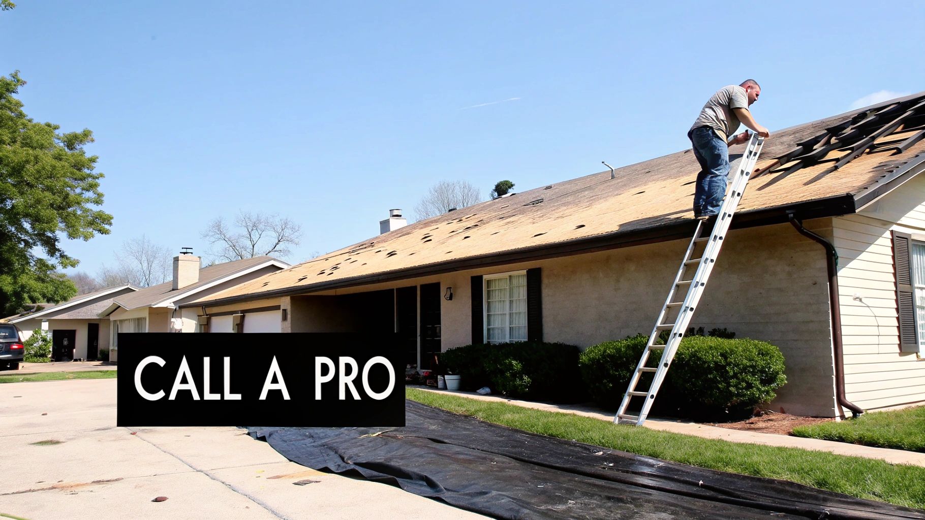 A man on a ladder repairs a partially stripped roof of a house with a 'CALL A PRO' sign.