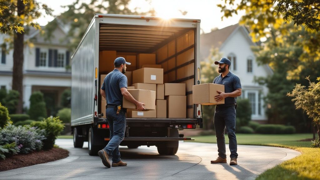Person organizing moving boxes in a well-lit room, representing a well-planned move.