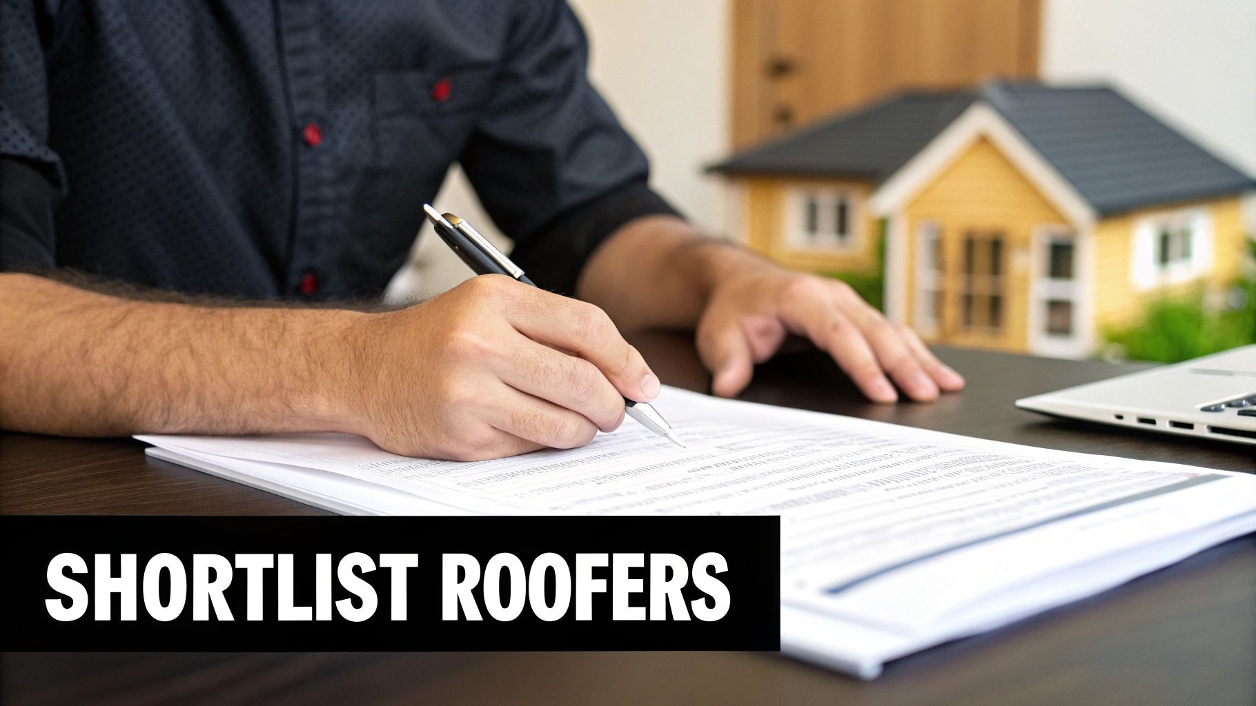 A person using a laptop to research local roofing contractors in Hermitage, PA.