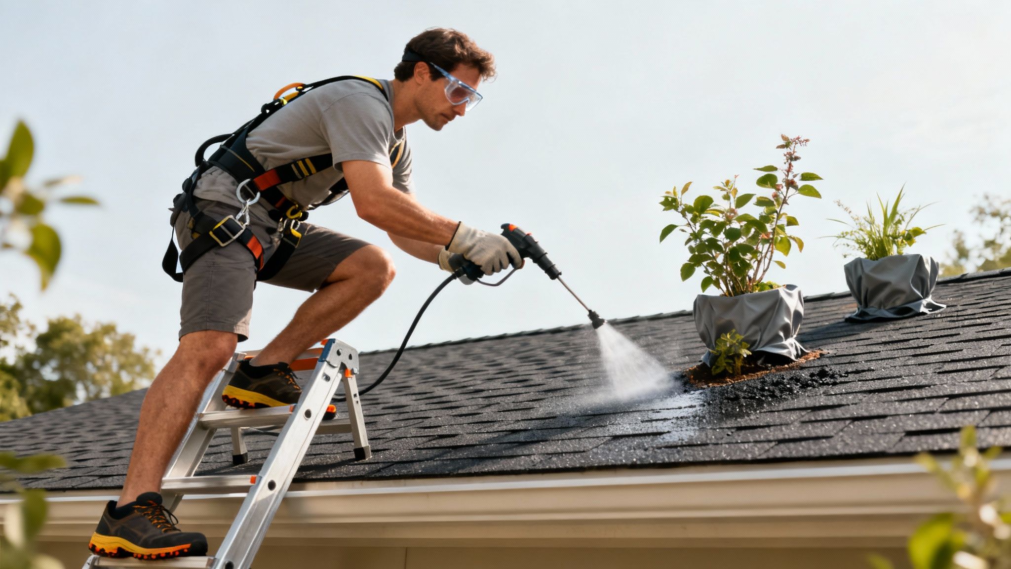 A person safely inspecting their roof from the ground with binoculars.