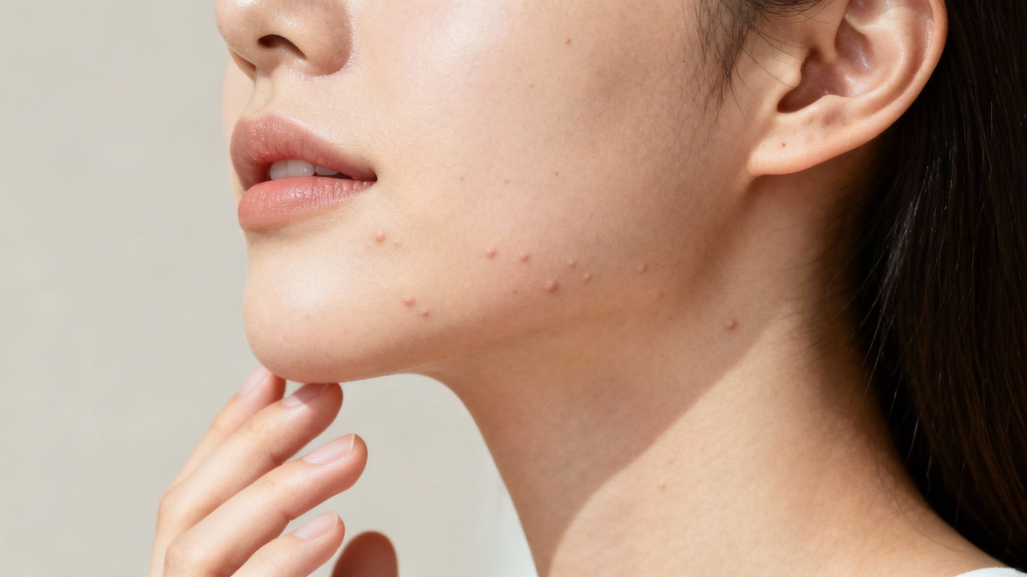 Woman looking at her hormonal acne in the mirror.
