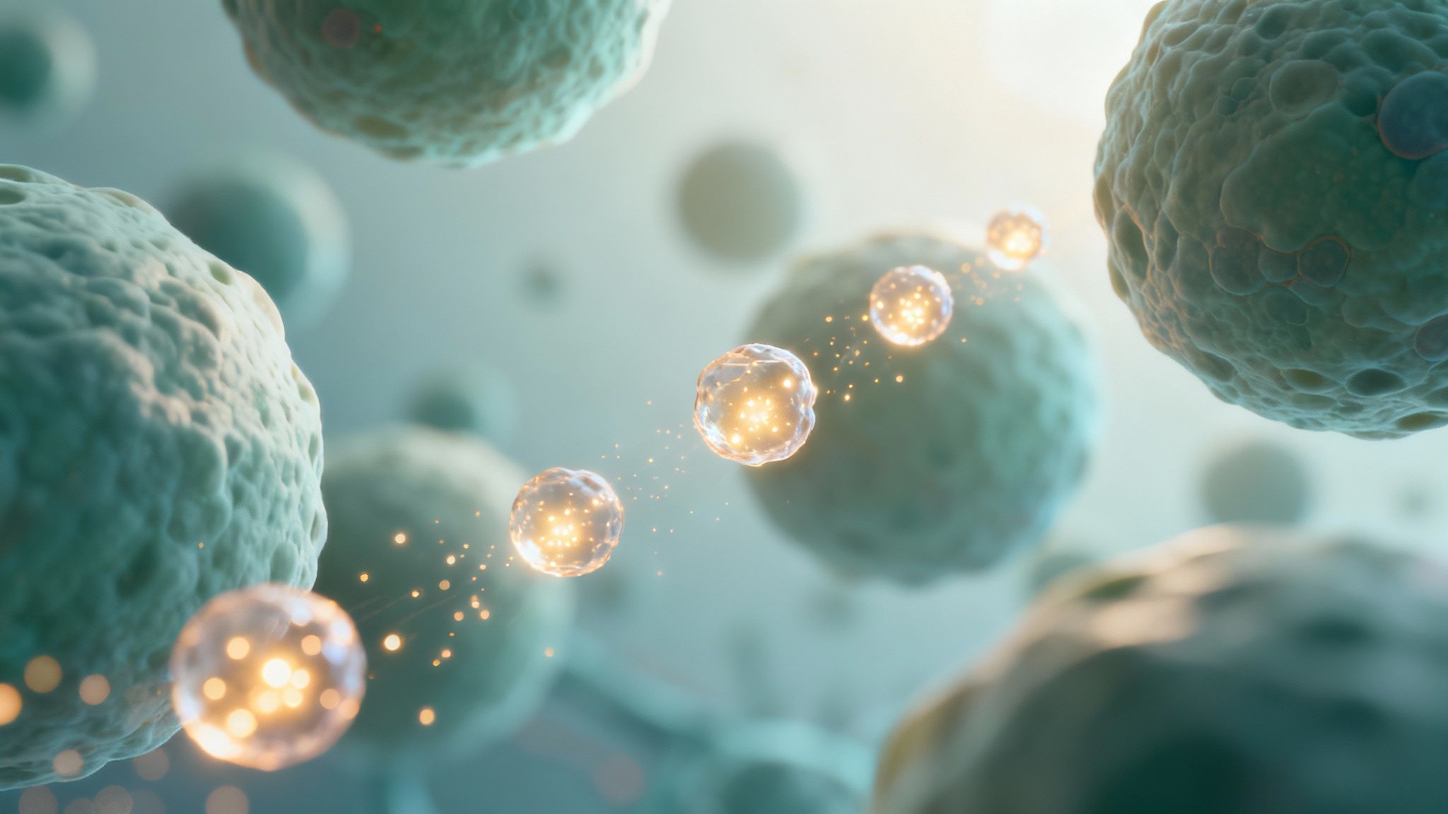 A microscopic view of exosomes, small vesicles used in regenerative treatments.