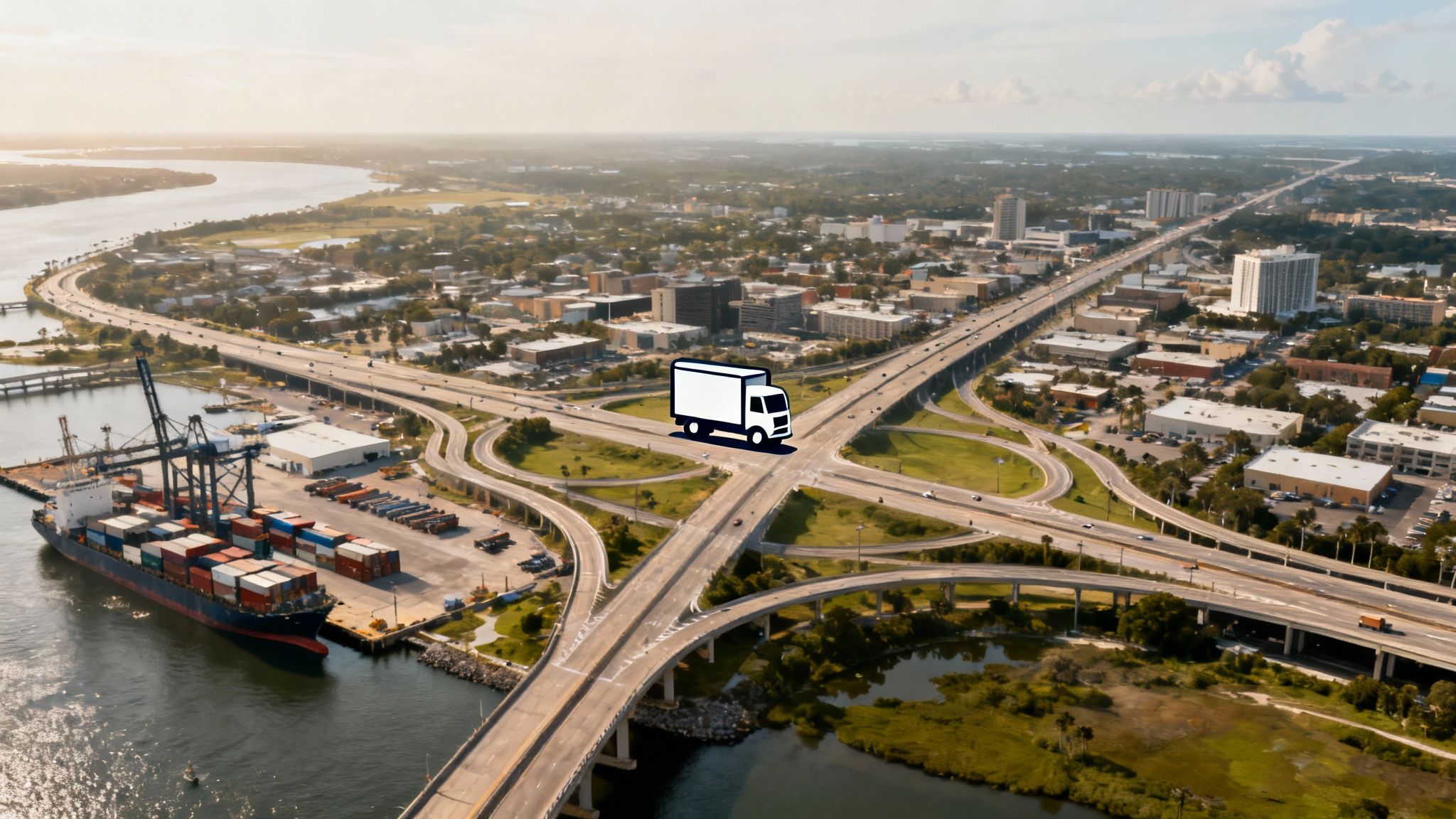 A modern bridge cityscape view of downtown Jacksonville, Florida, symbolizing it as a hub for relocations