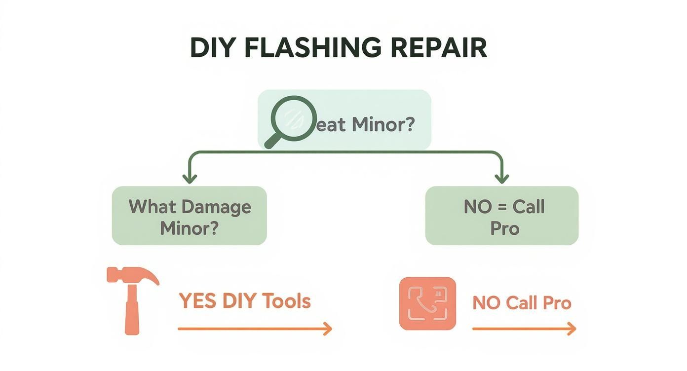 A DIY flashing repair flowchart showing steps to assess damage severity and decide between DIY tools or calling a professional.
