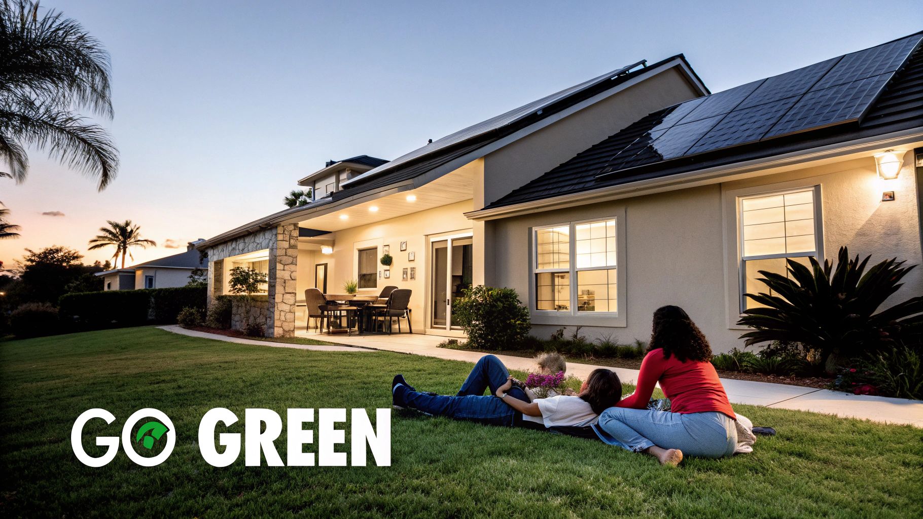 A family enjoys time in their backyard with solar panels visible on the roof of their Florida home.