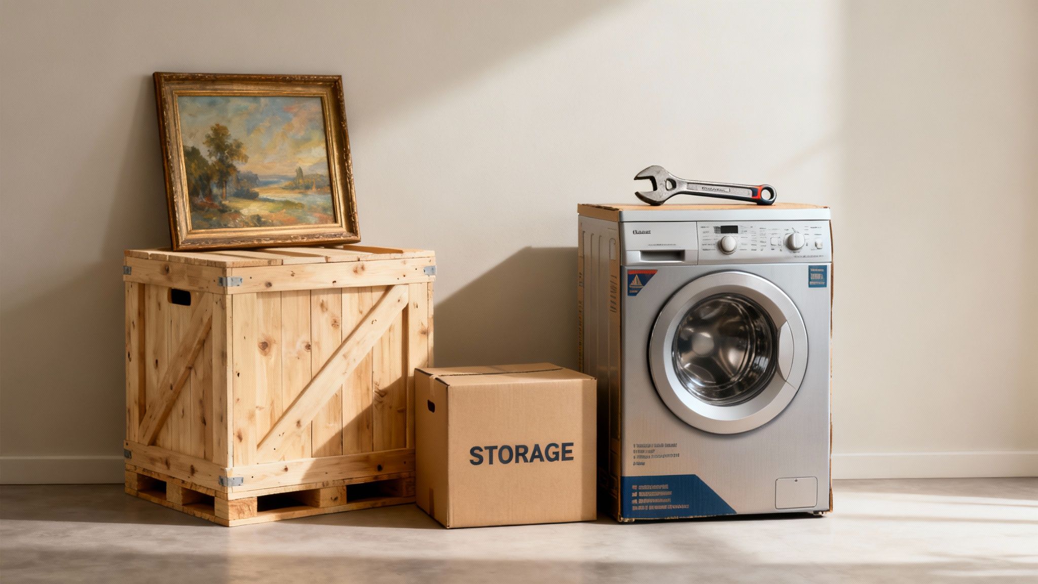 Professional mover carefully packing a box with fragile items