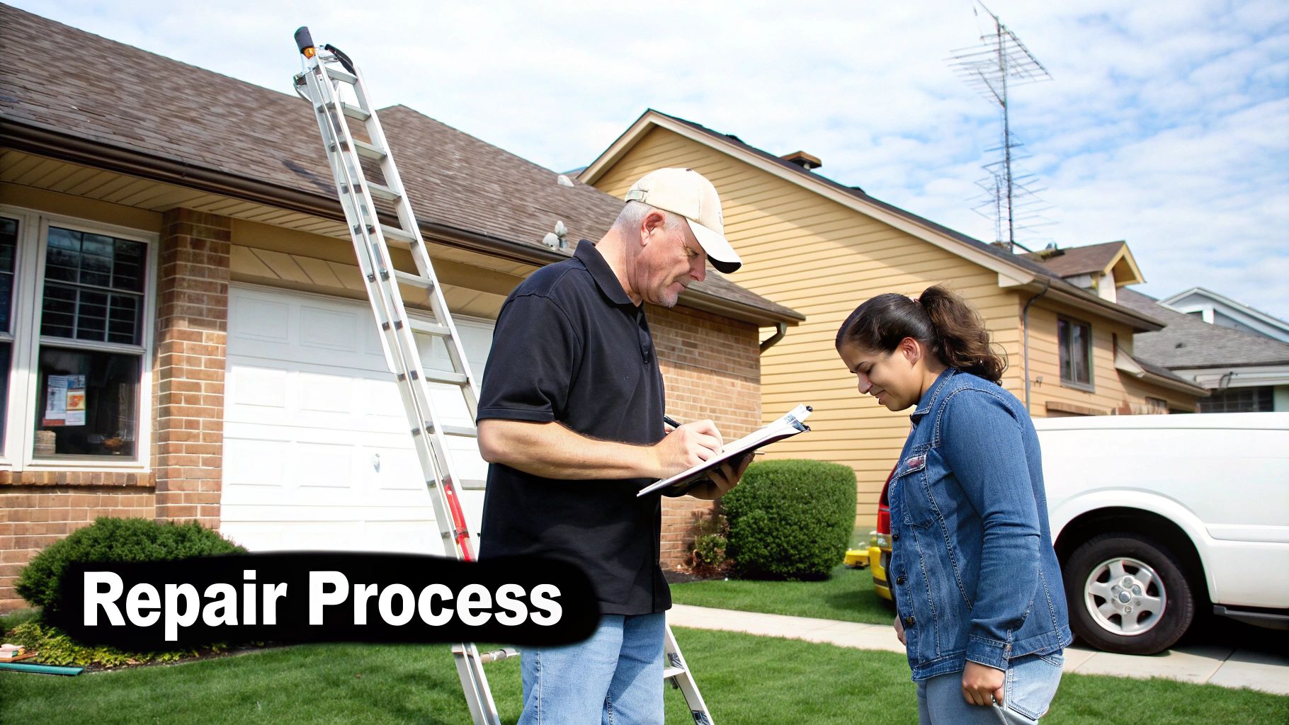 A professional roofer carefully inspecting shingles on a residential roof.