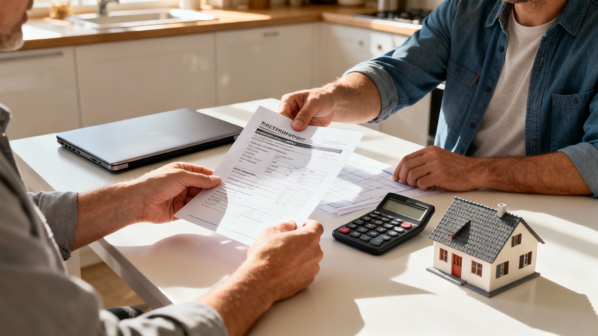 A person reviewing a roofing contract and financial documents at a desk, with a calculator and pen nearby.