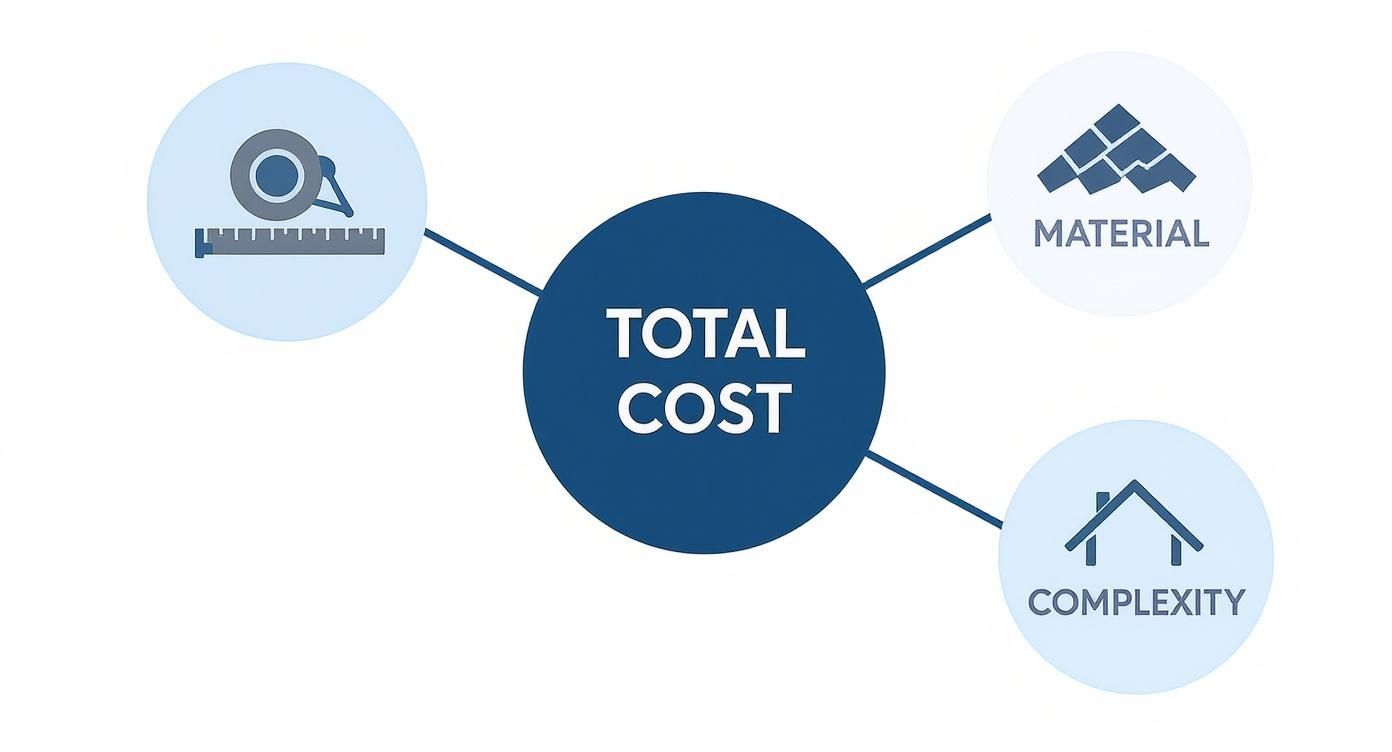 Diagram showing total cost of roofing project including material, complexity, and measurements factors