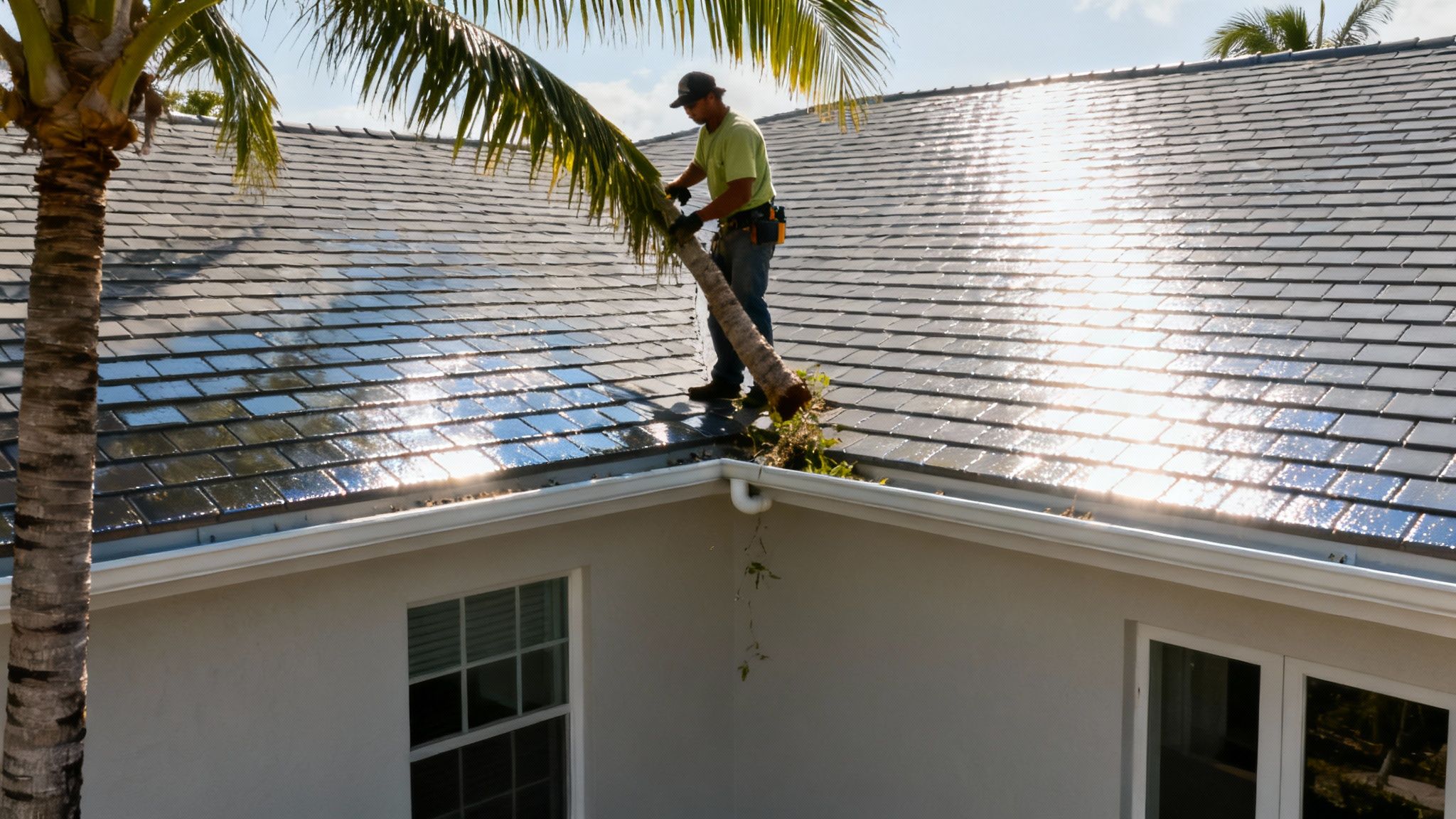 A well-maintained tile roof on a Miami home, with clear gutters and trimmed trees.