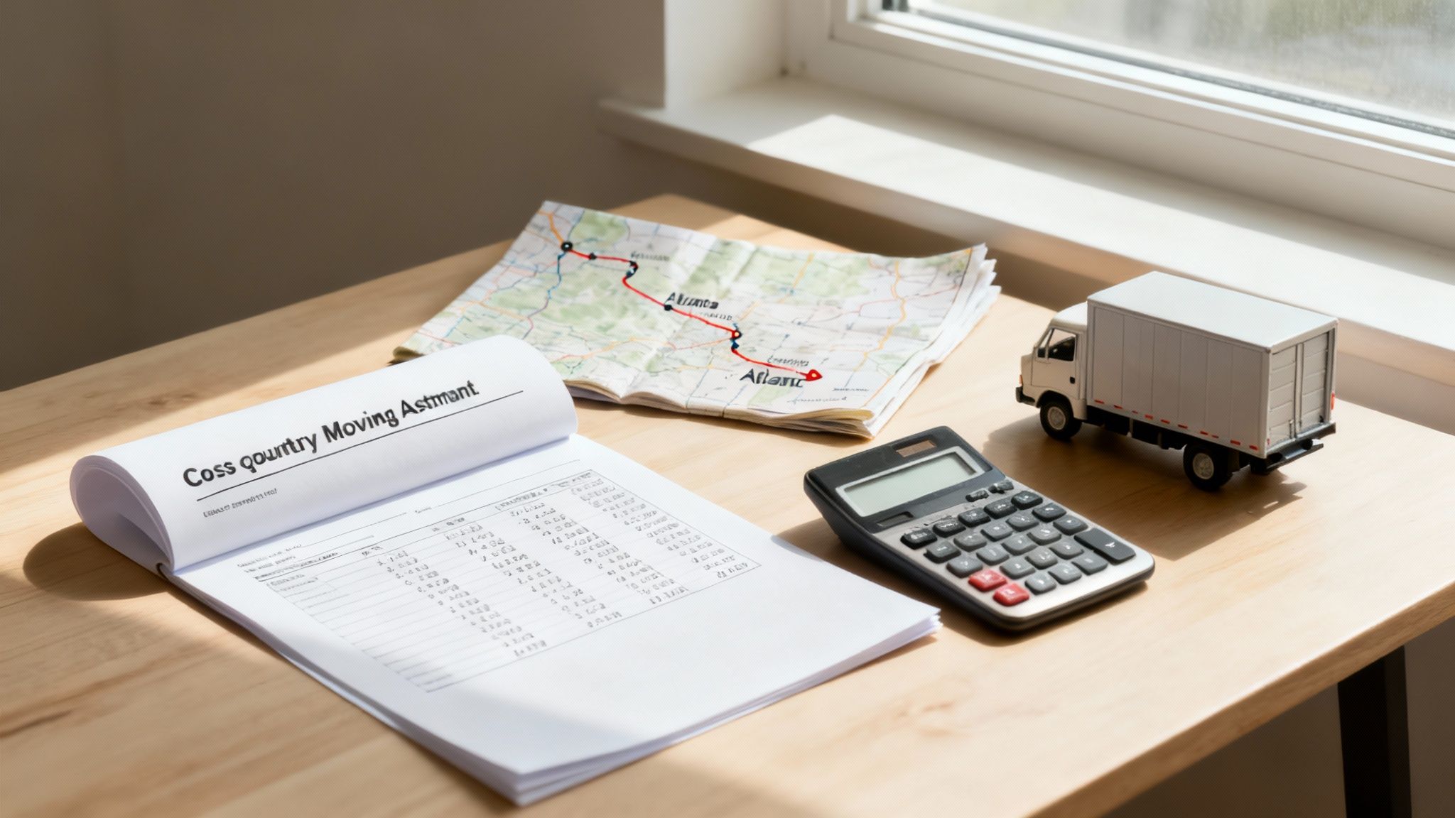 Cross country moving estimate document with map route to Atlanta, calculator and toy truck