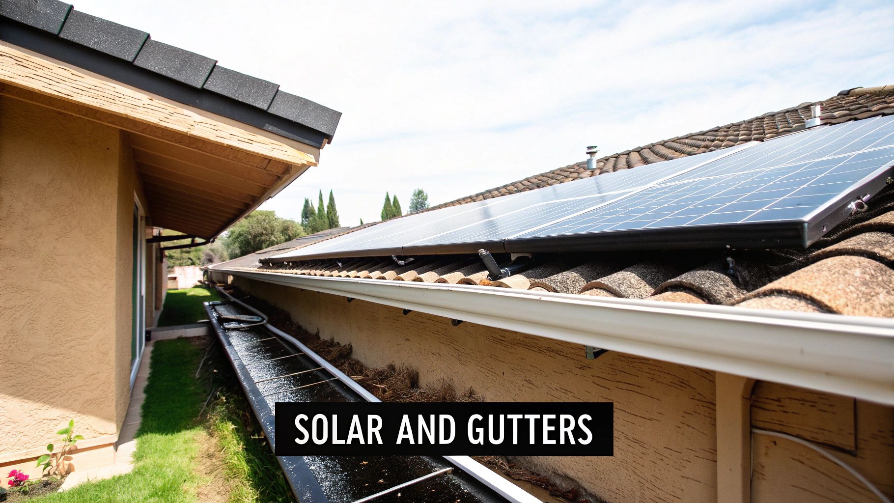 A Central Florida home with solar panels properly installed, showing how water can flow around them towards the gutter system.