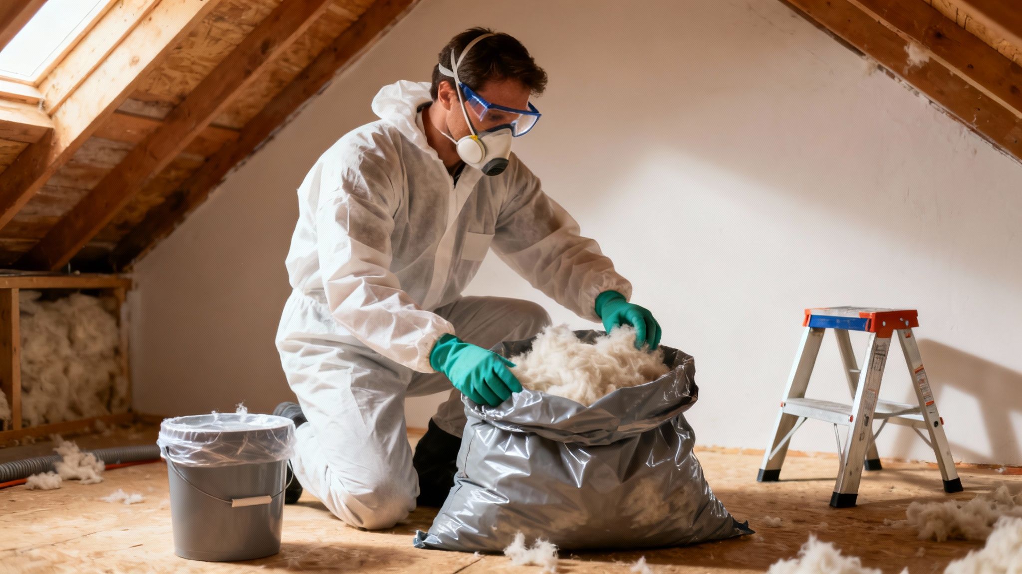 Worker in protective suit, goggles, and mask carefully bagging insulation in an attic.