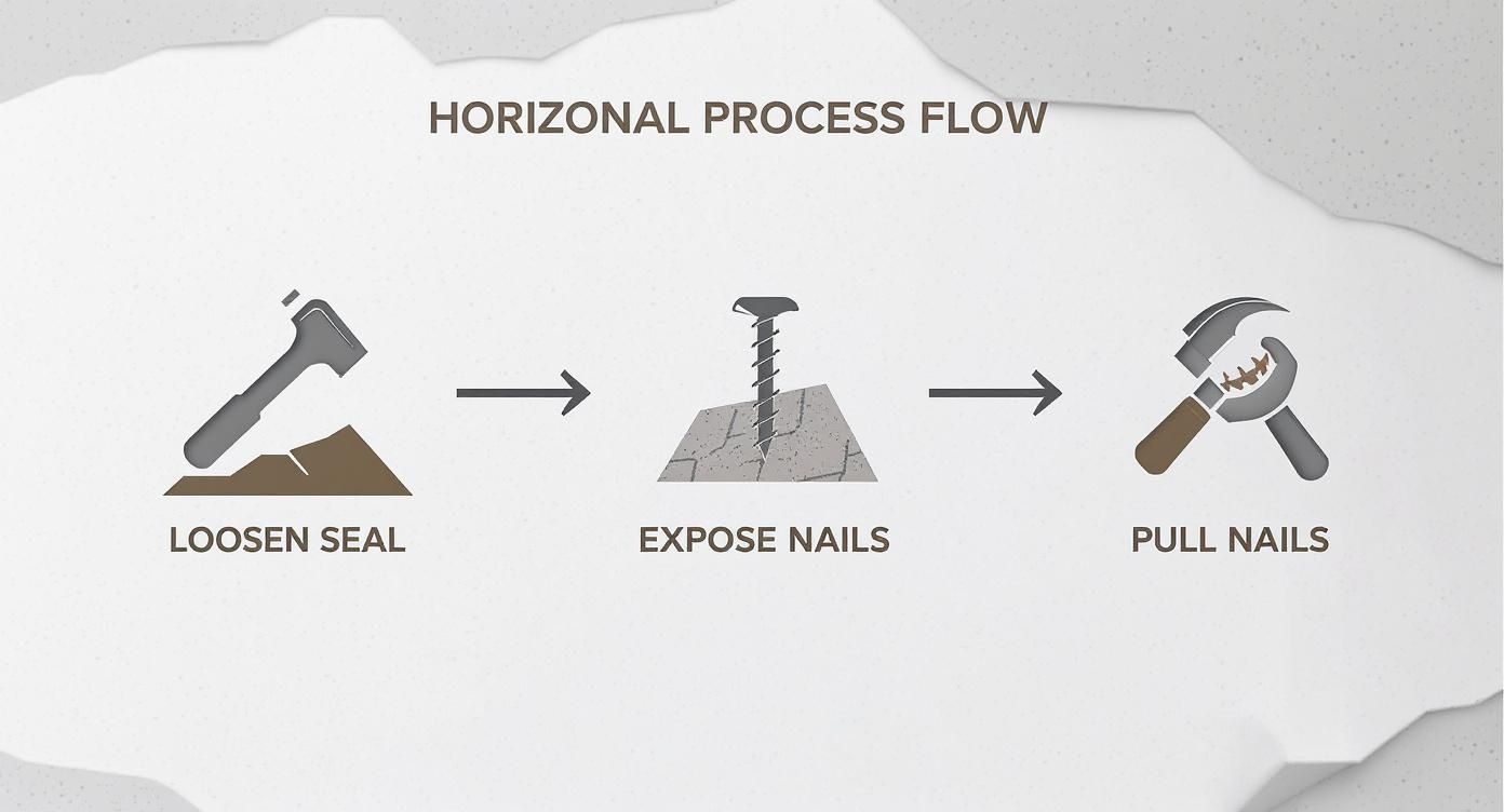 Infographic showing the process of shingle removal: Loosen Seal, Expose Nails, and Pull Nails.