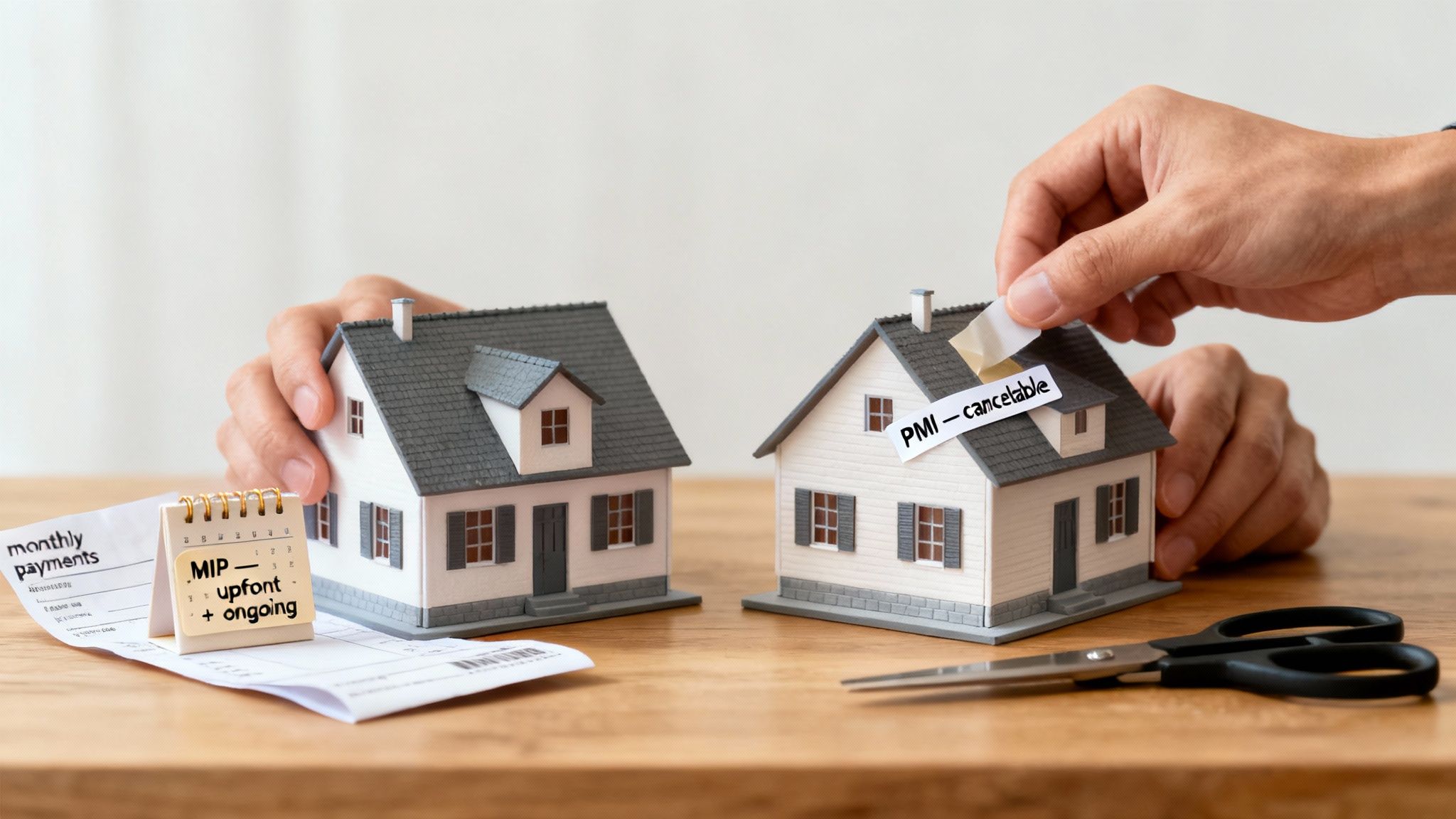 A magnifying glass hovering over a calculator and a house model, symbolizing the analysis of mortgage costs.