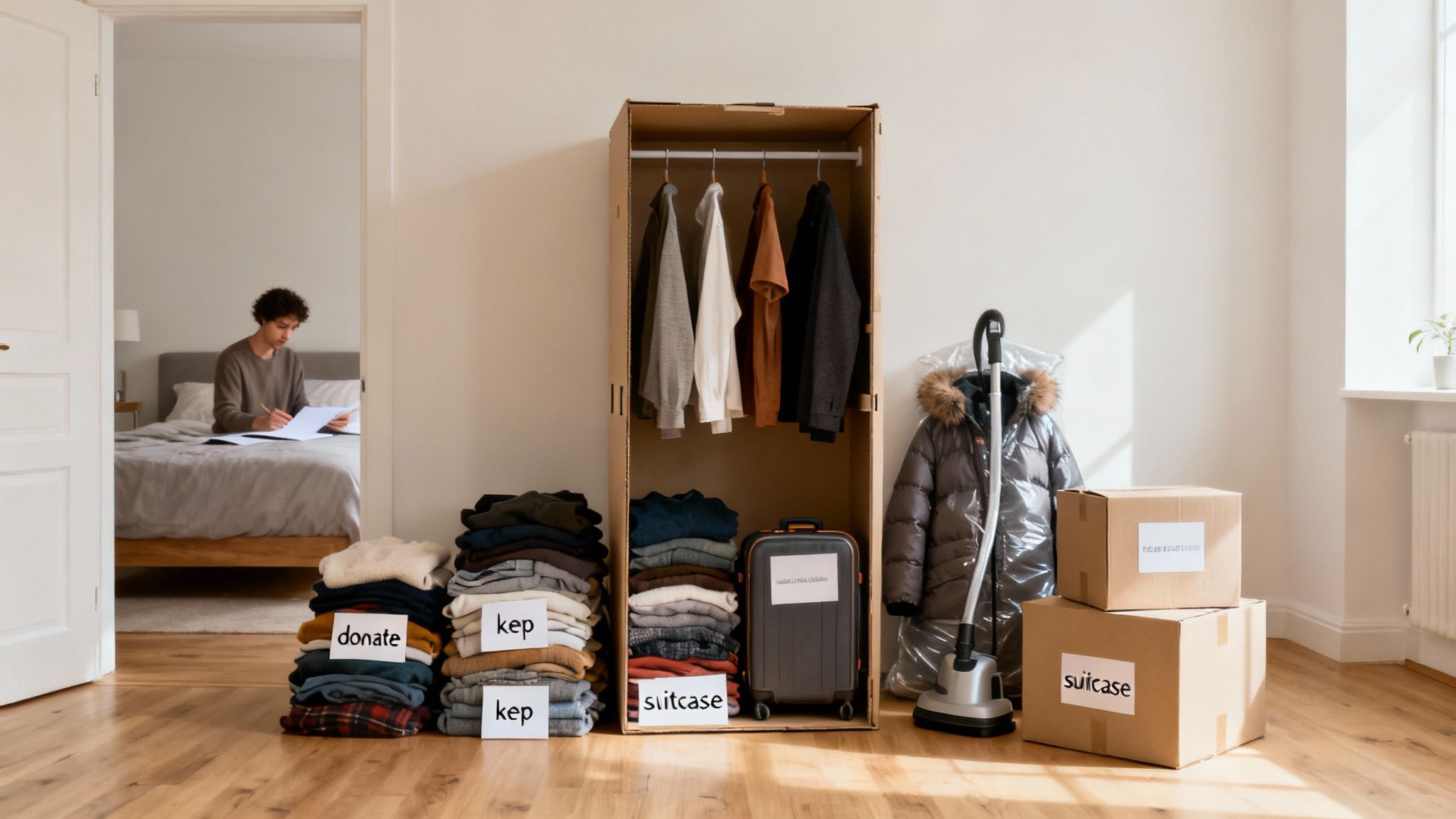 A neatly organized pile of clothes ready for packing into a suitcase and boxes.