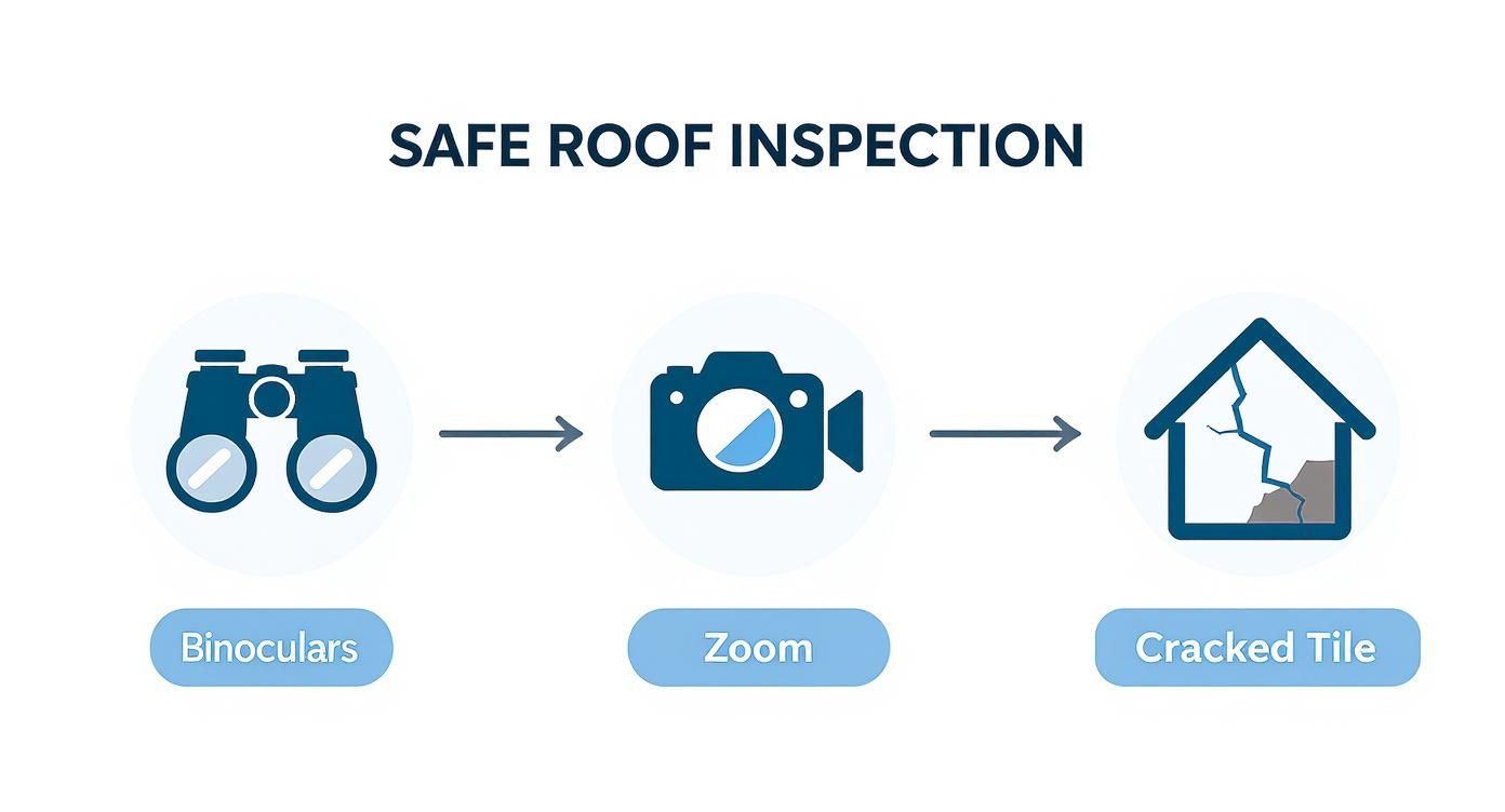 Safe roof inspection process showing binoculars for viewing, camera for zooming, and cracked tile identification