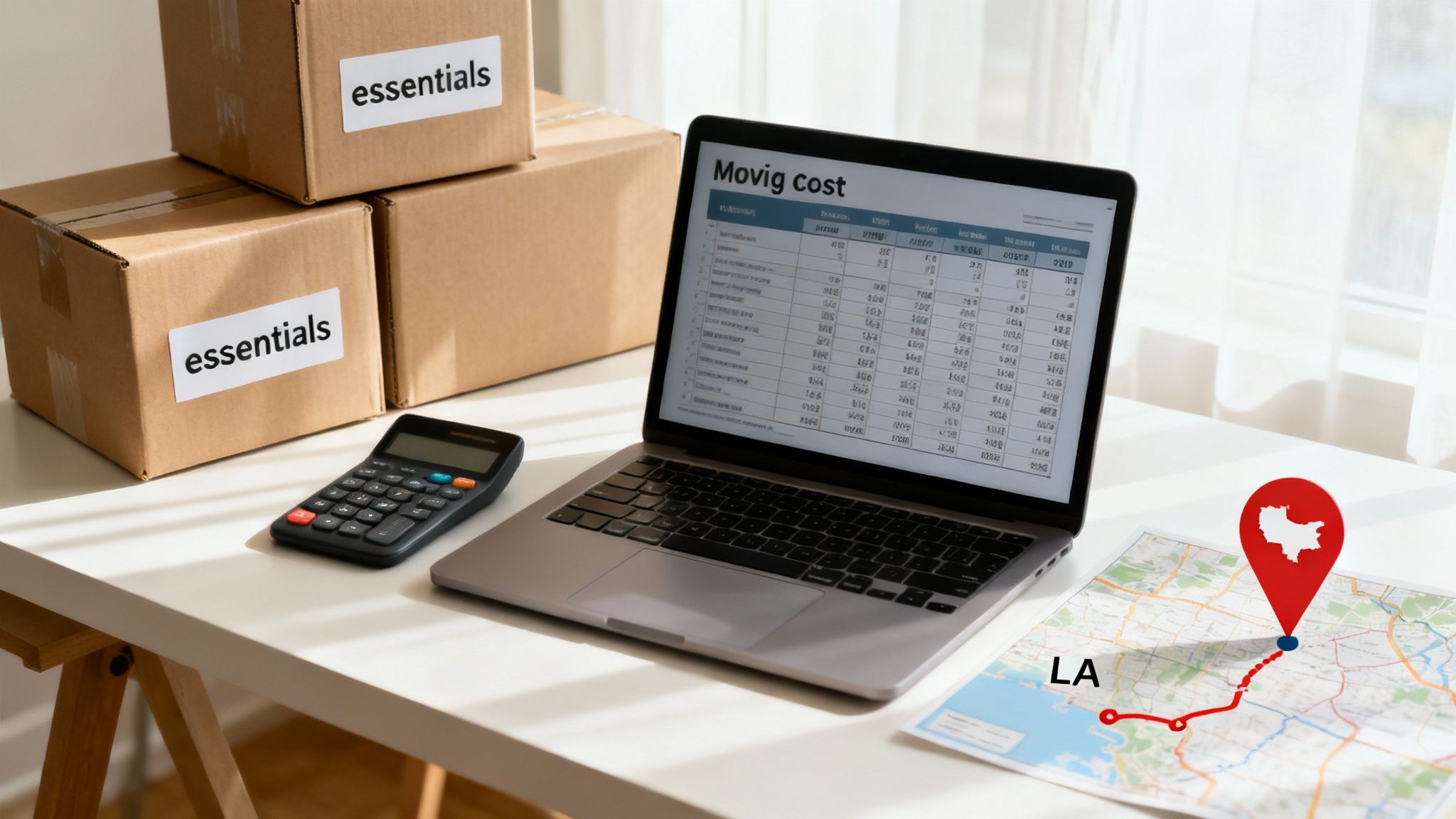A person using a calculator with moving boxes in the background, carefully planning their budget.