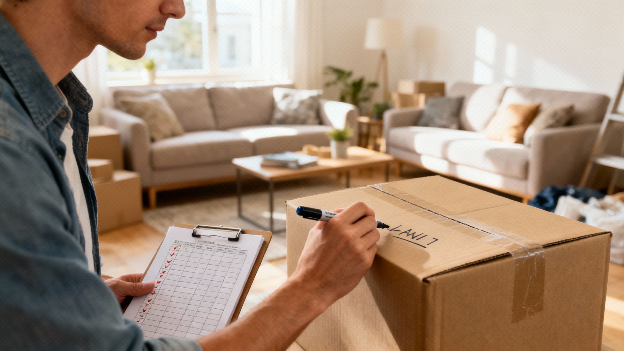 Person packing a box with bubble wrap for a long-distance move