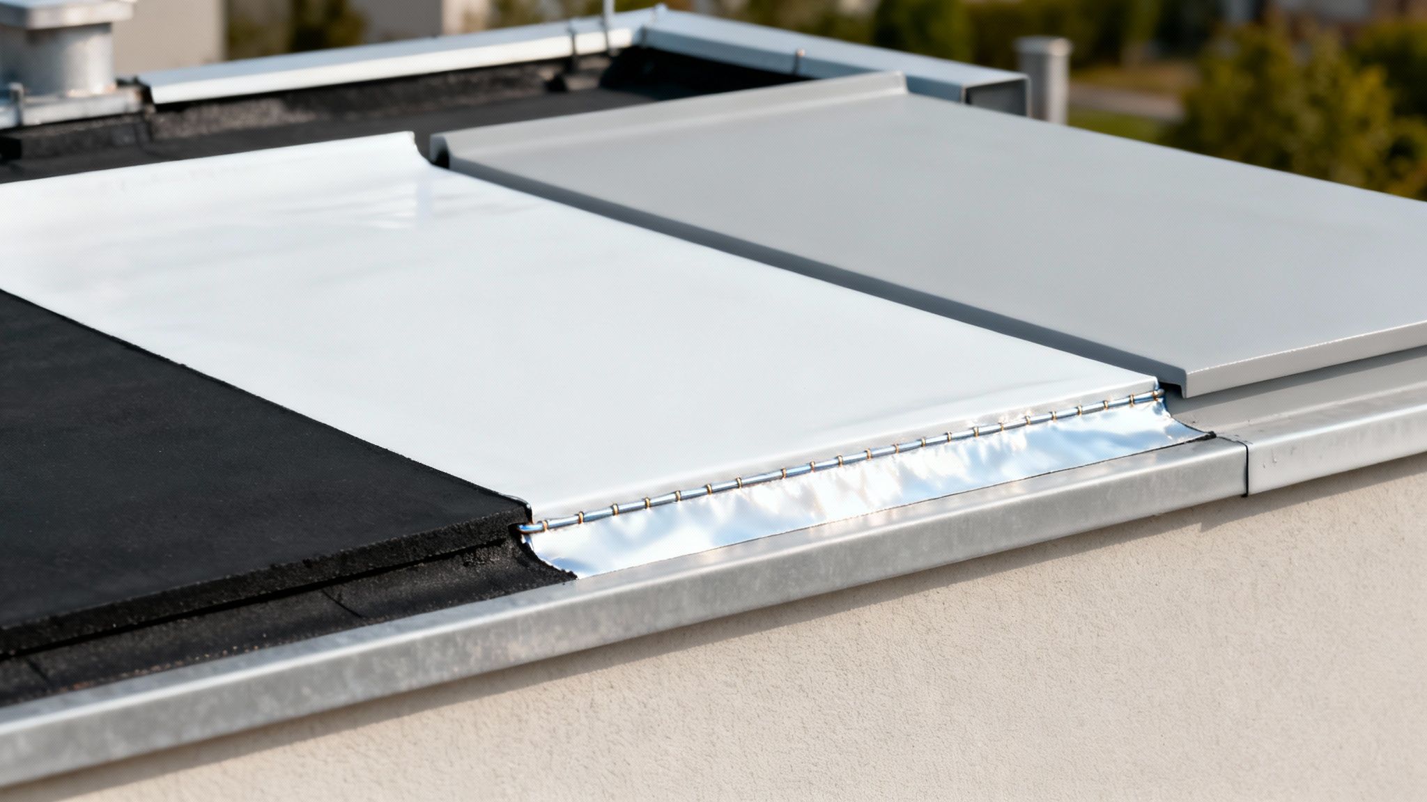 A roll of modern single-ply roofing membrane being installed on a large flat roof