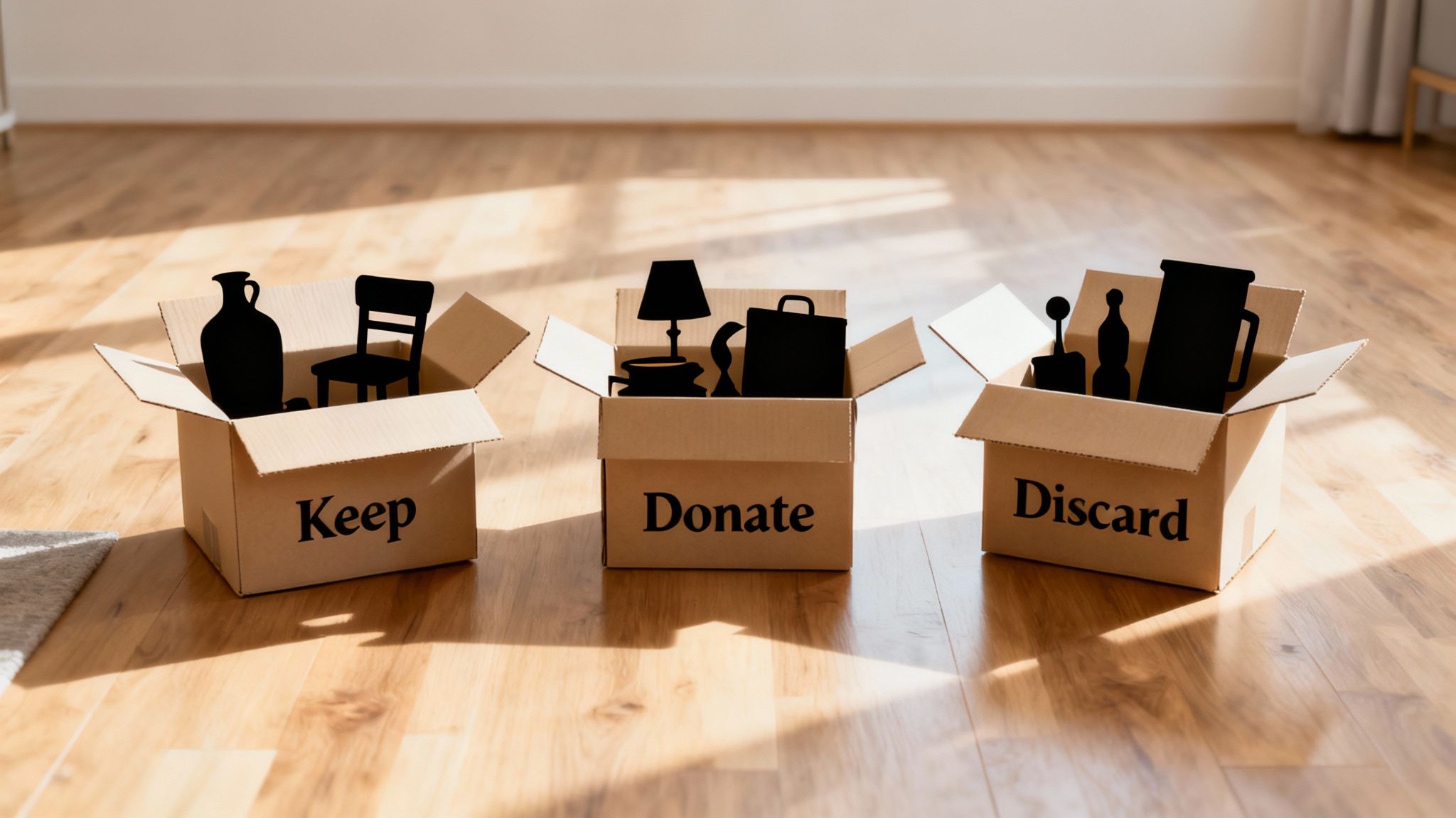 An organized room with labeled moving boxes, illustrating the process of decluttering and downsizing before a move.