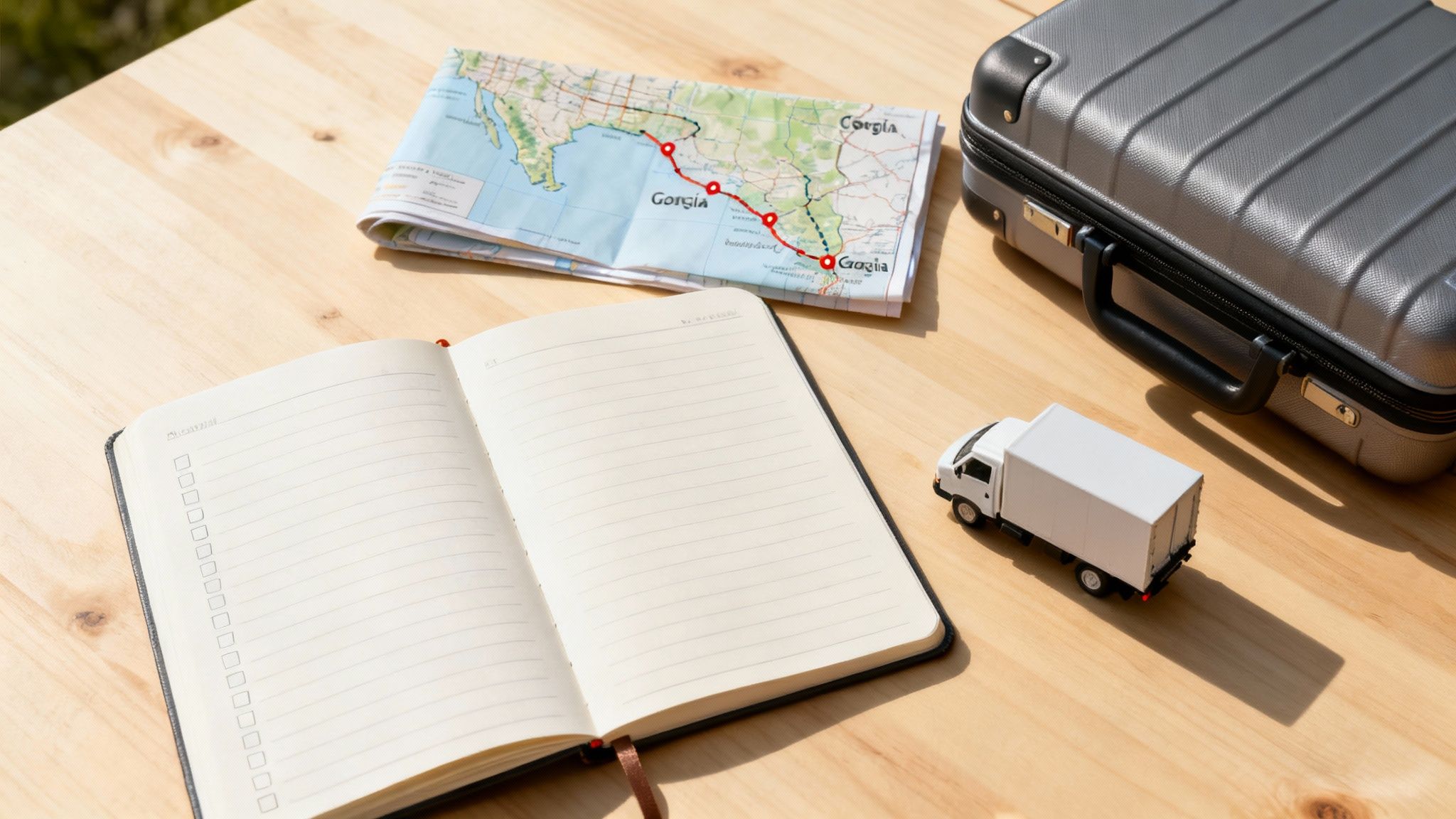 A scenic view of a moving truck driving on a highway towards a city skyline at sunset, representing a cross country move.