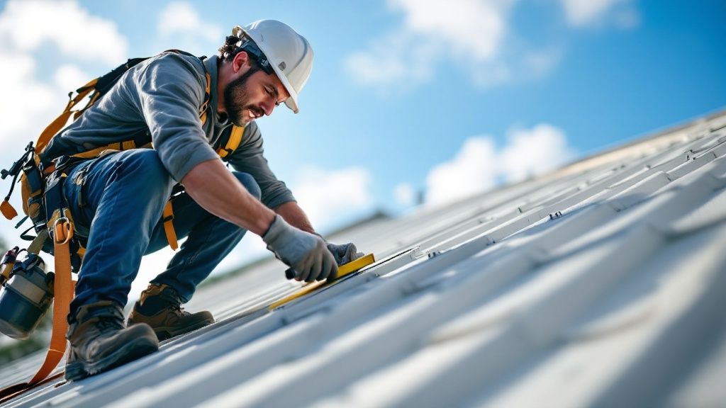 A team of roofers working on a residential roof in Florida, with storm clouds gathering in the distance.