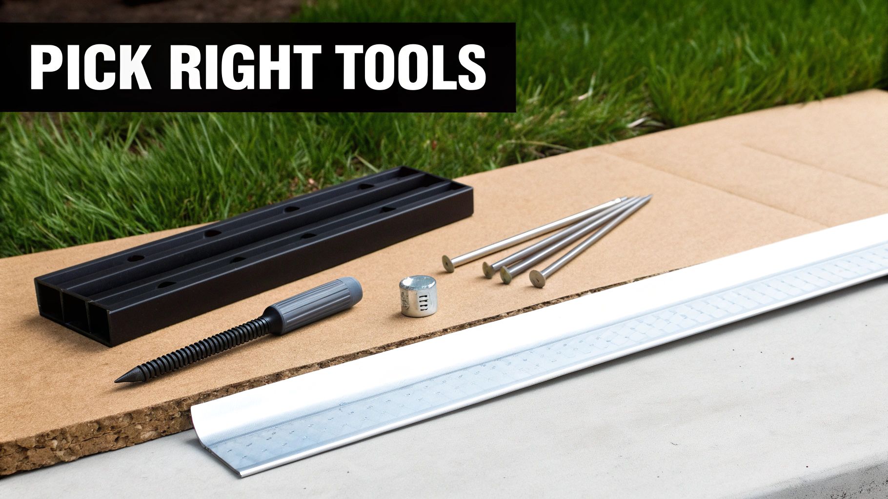 A collection of roofing tools, including a hammer, pry bar, and tin snips, laid out next to sections of metal drip edge.