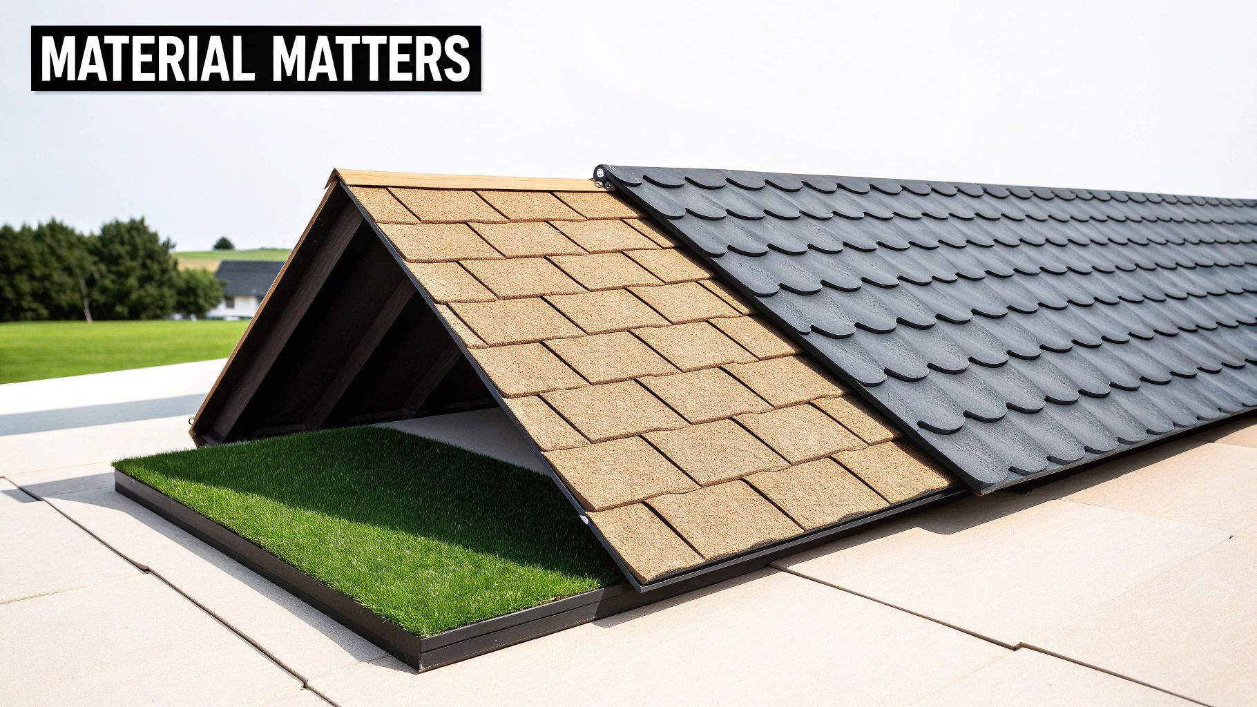 A group of different colored roof shingle samples laid out for comparison.