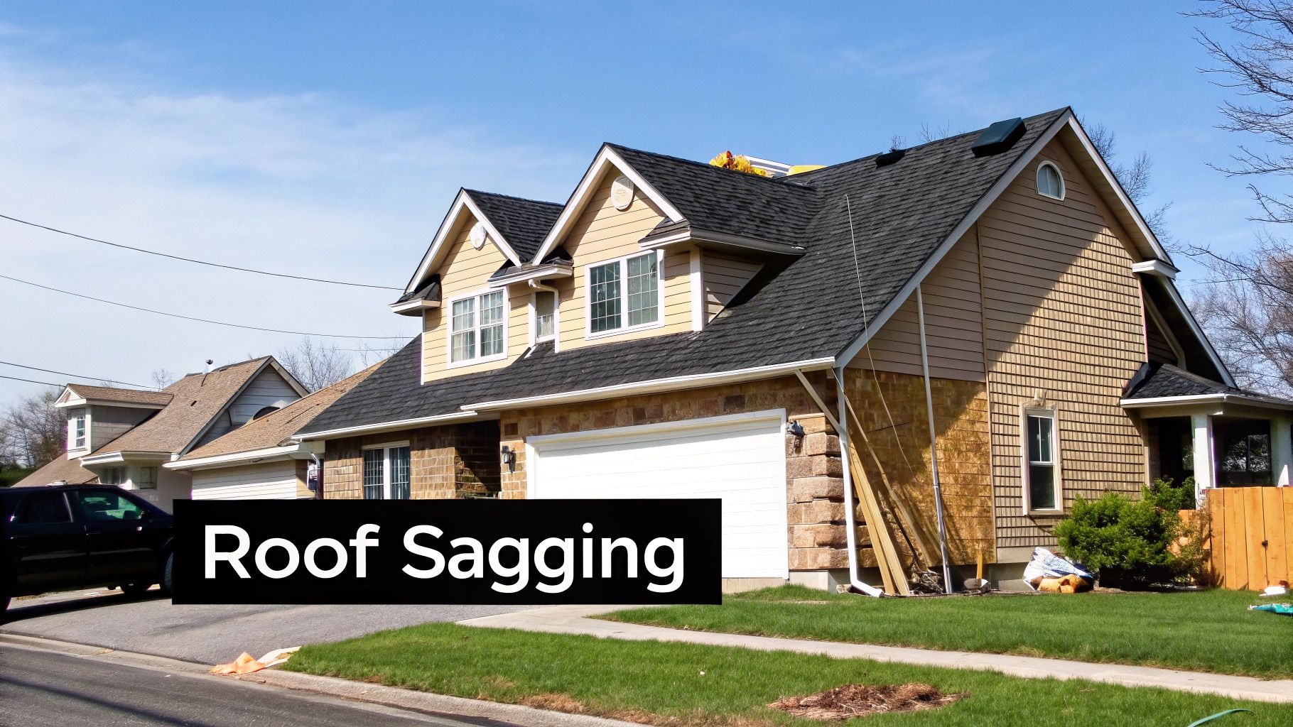 Image of a roof with a significant sag in the middle, indicating structural issues