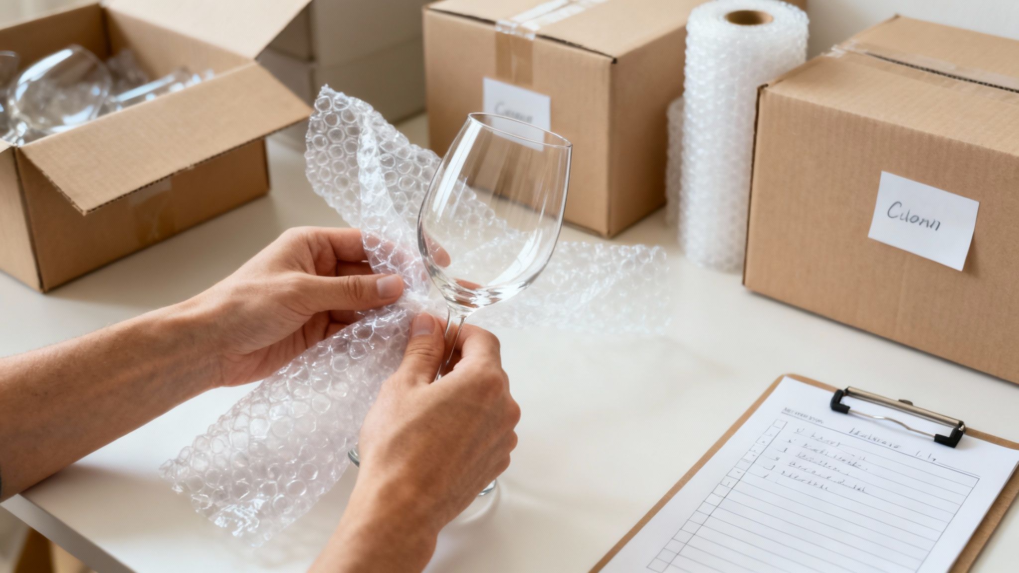 Several moving boxes stacked together, with one open box showing packed items inside.