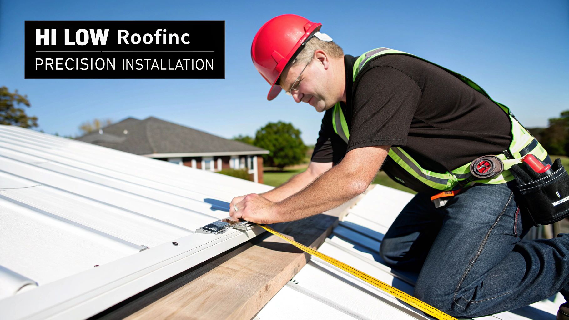 Professional roofer measuring and installing metal roofing panels with precision on residential roof