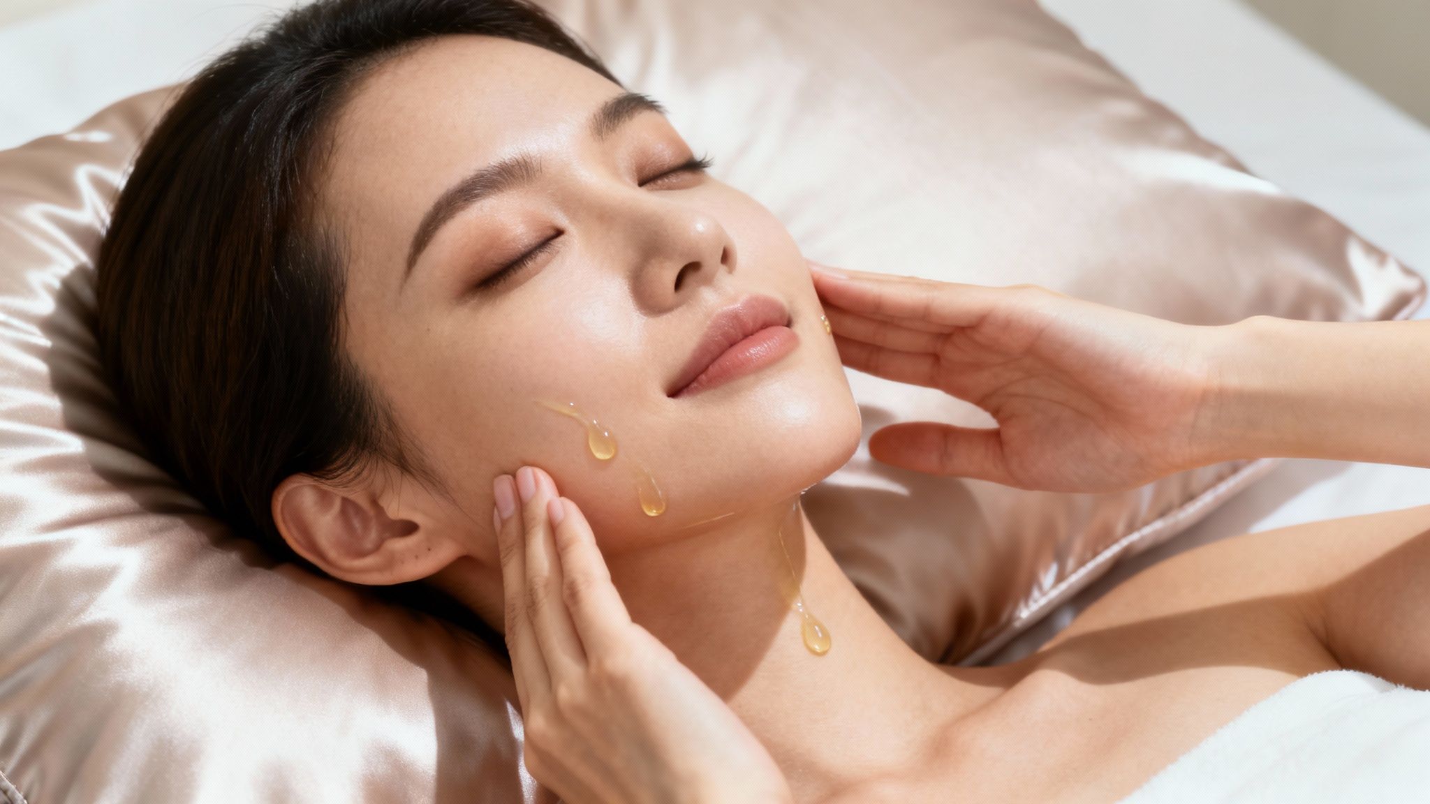 A woman applying a natural facial oil in a bright, clean bathroom setting