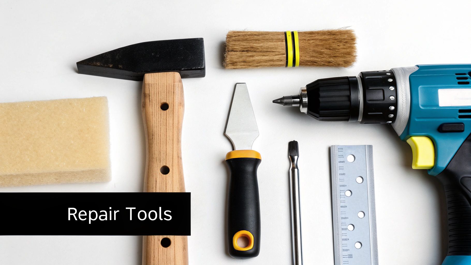 A collection of roofing repair tools and materials laid out neatly.