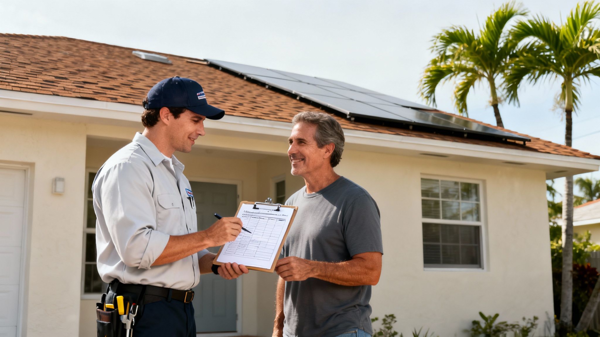 A service technician discusses documents on a clipboard with a smiling homeowner outside a house with solar panels.