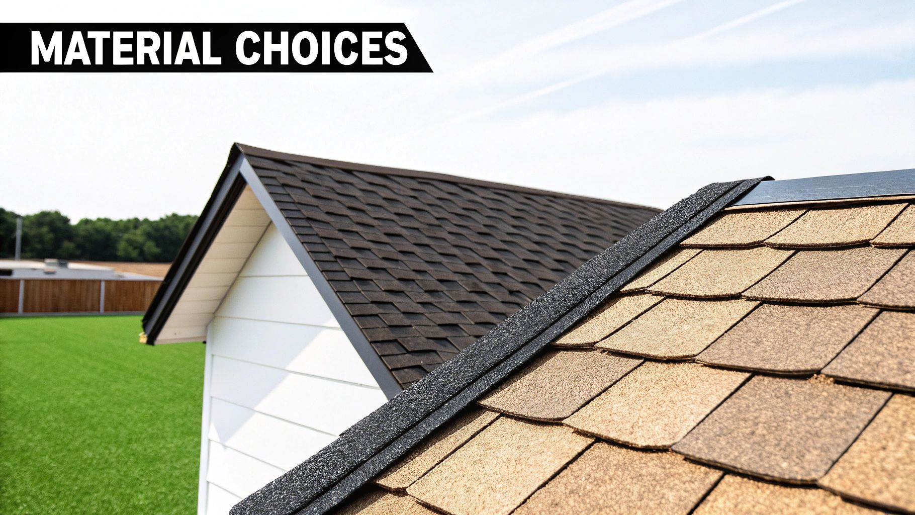 Close-up of different roofing materials like shingles, metal, and tile.