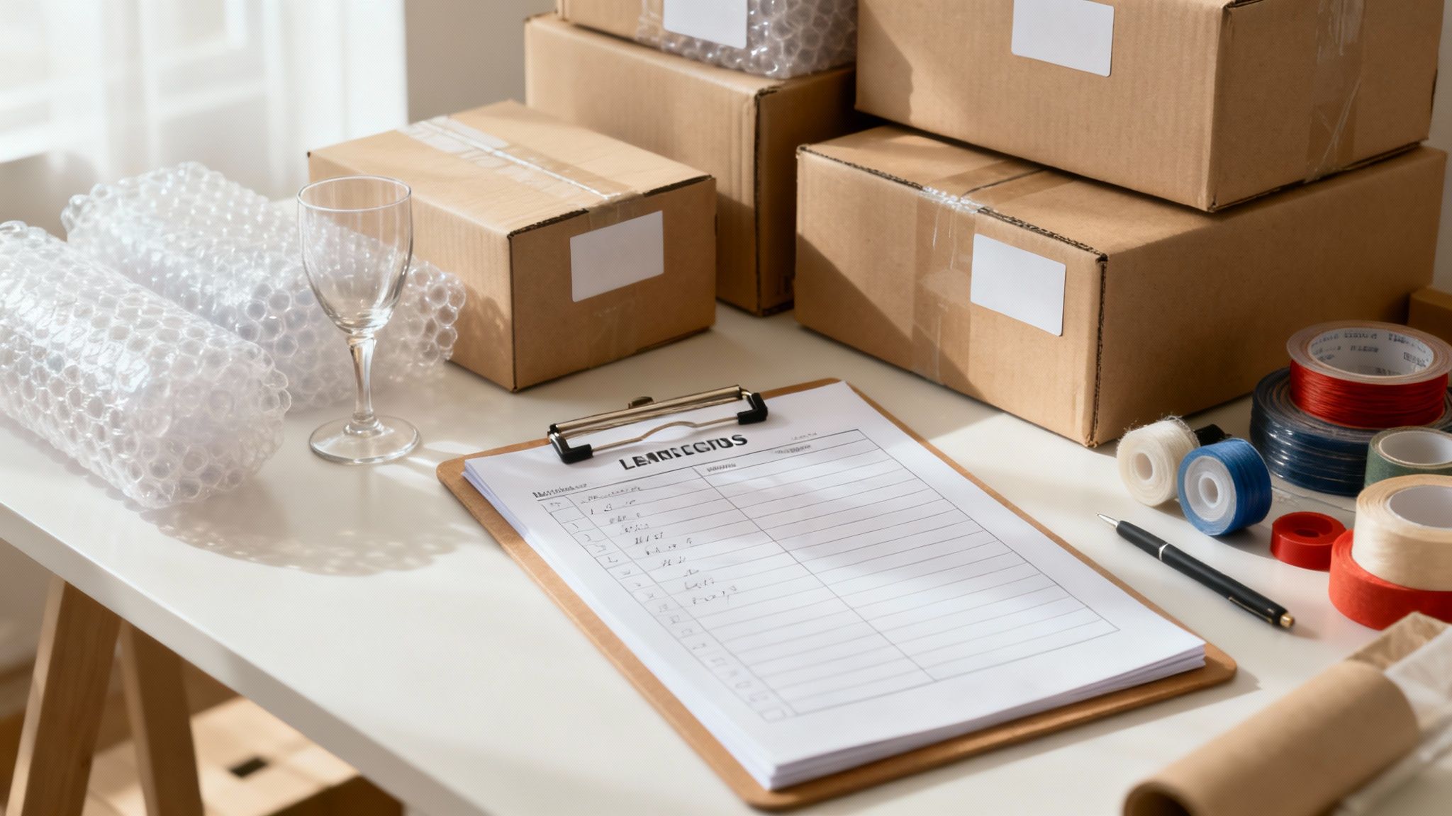 A stack of neatly labeled moving boxes in a room, ready for a long-distance move.