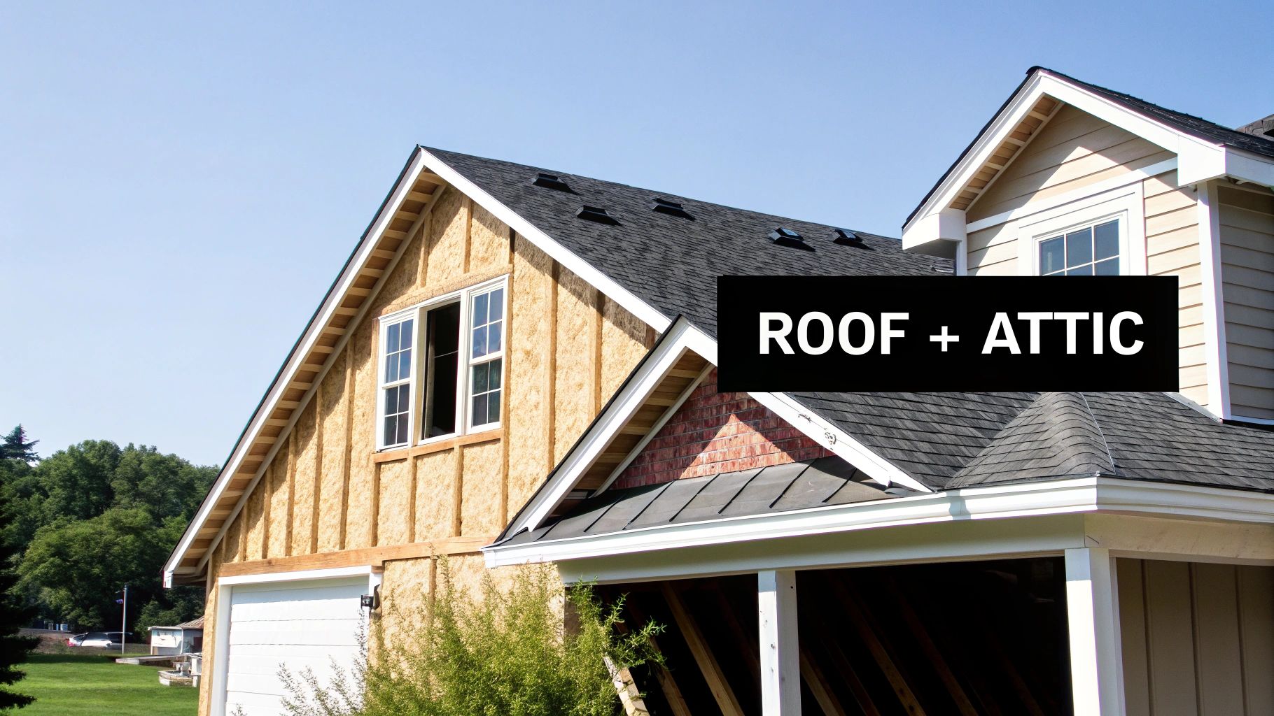 A house under construction featuring a new dark shingled roof and exposed wall insulation, with an attic area visible.
