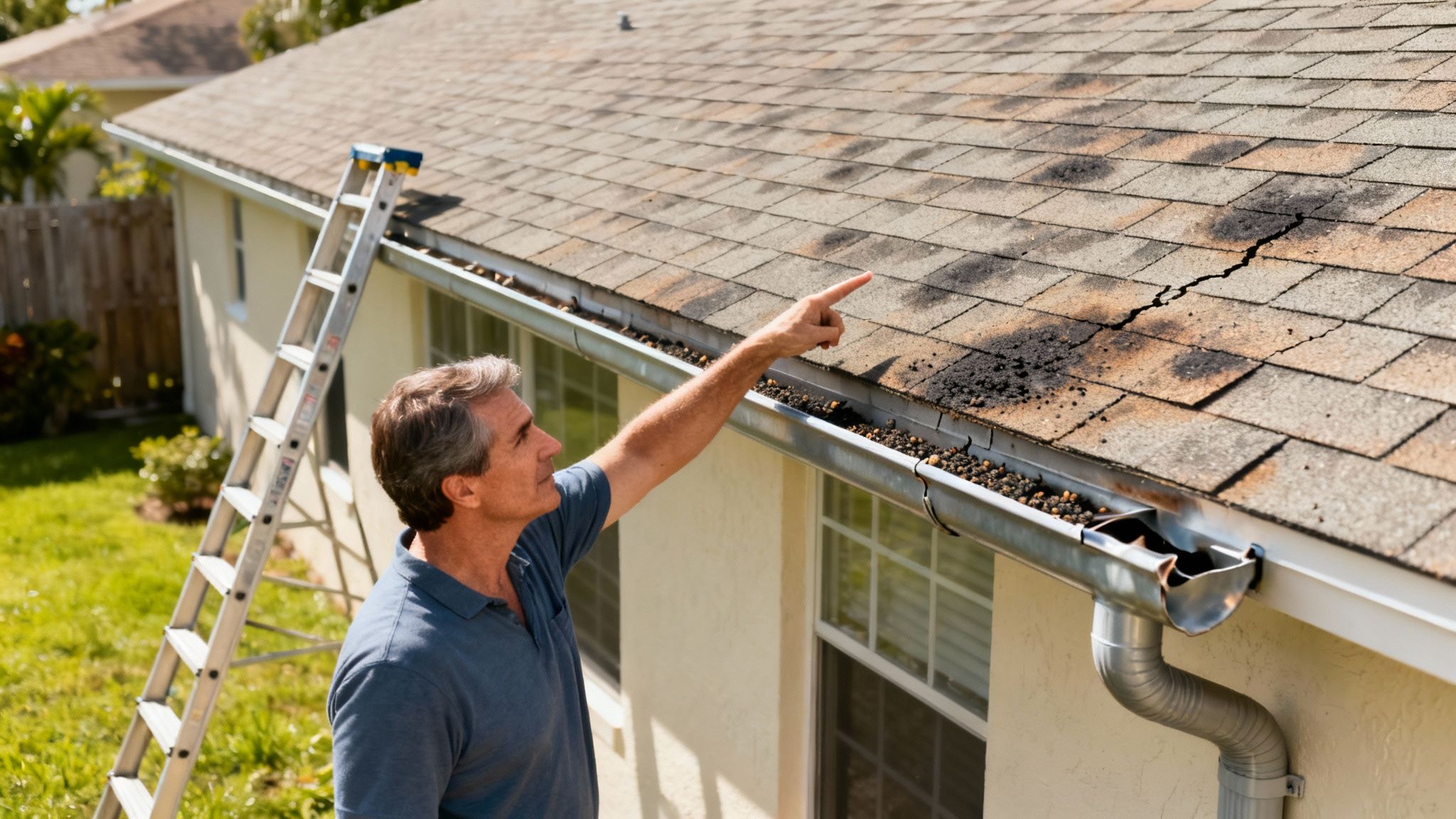 Homeowner inspecting roof shingles for hail damage and deterioration near gutters